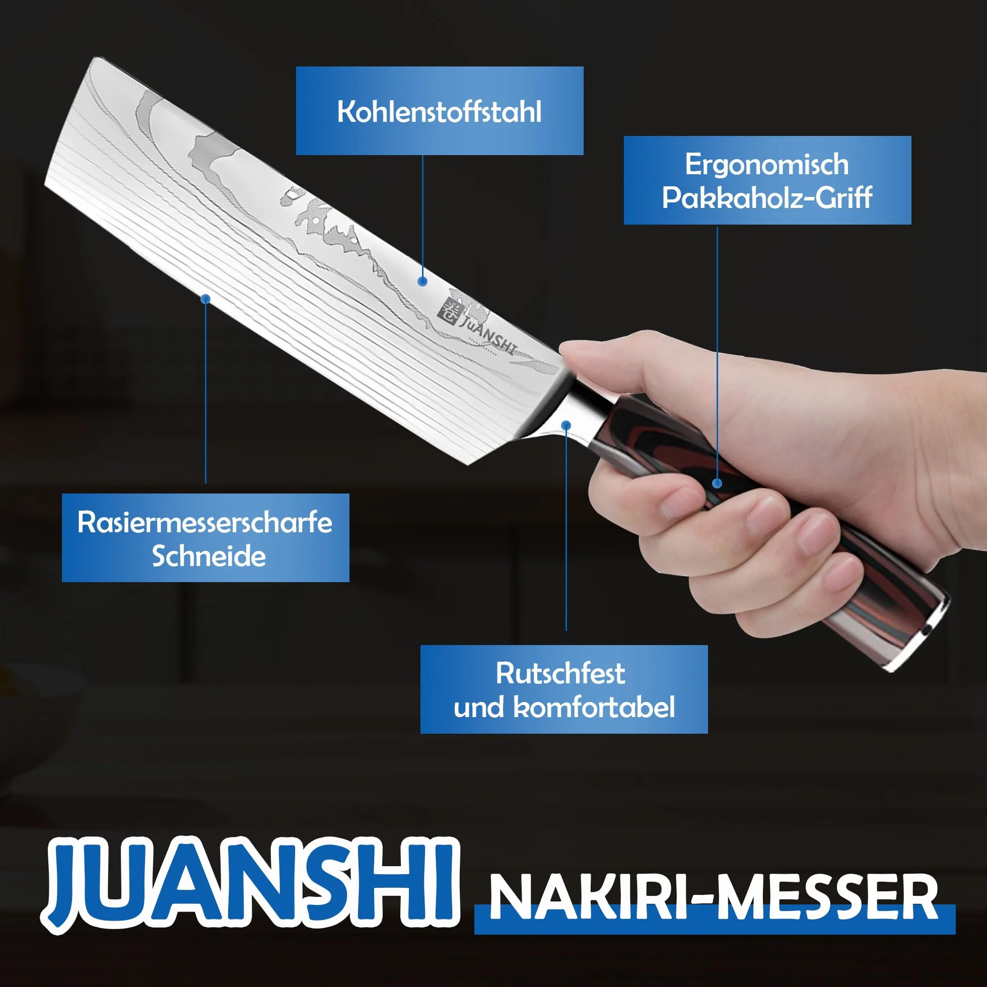 JUANSHI Profesjonalny nóż Nakiri, ostrze 18 cm, nóż azjatycki, wysokiej jakości nóż kuchenny ze stali nierdzewnej, z uchwytem z drewna Pakka, nóż szefa kuchni, opakowanie prezentowe