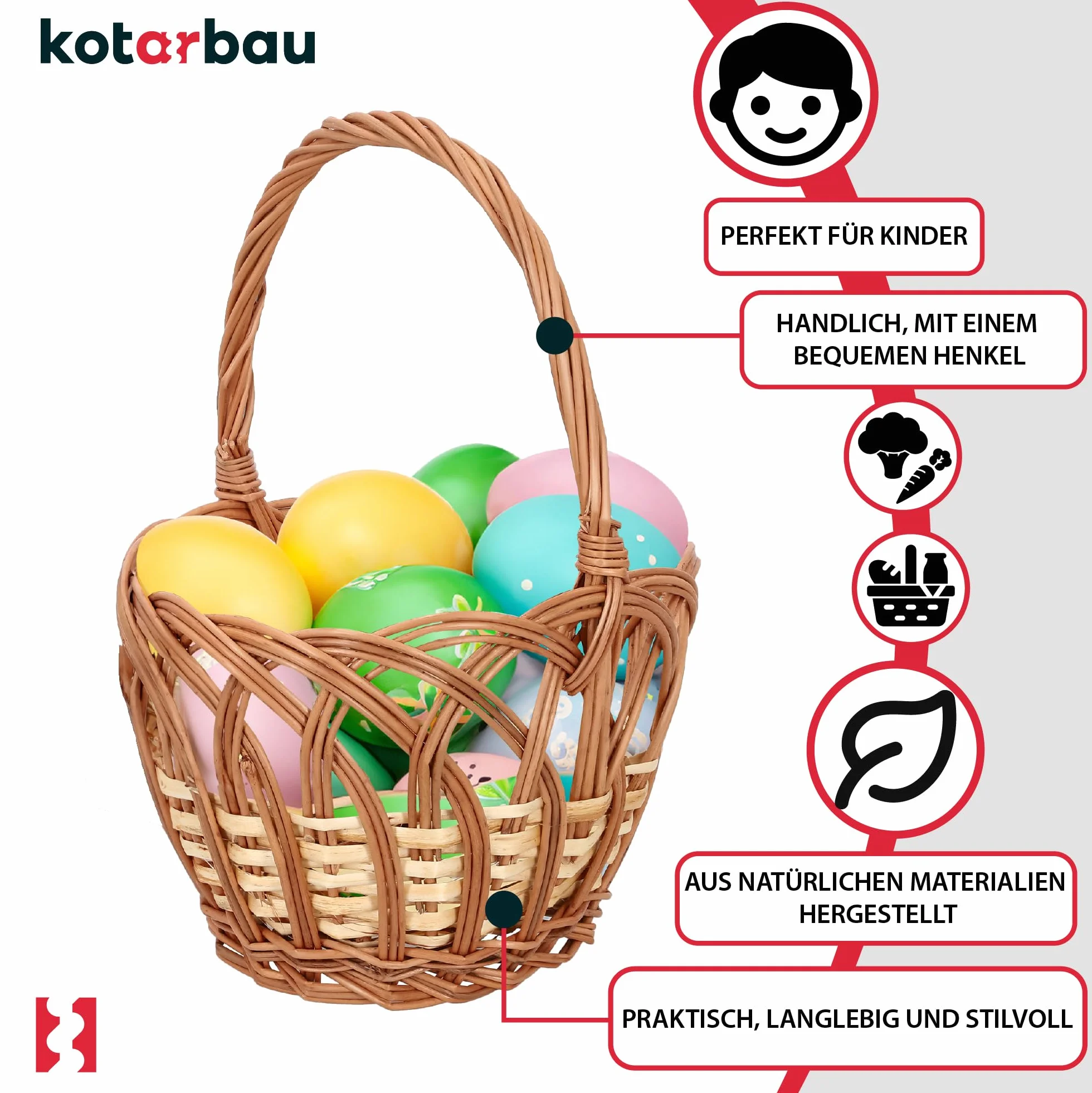 KOTARBAU® Koszyk Wiklinowy dla Dzieci - 25 X 17 CM - Koszyczek Wielkanocny Dziecięcy - Brązowy z Białą Aplikacją