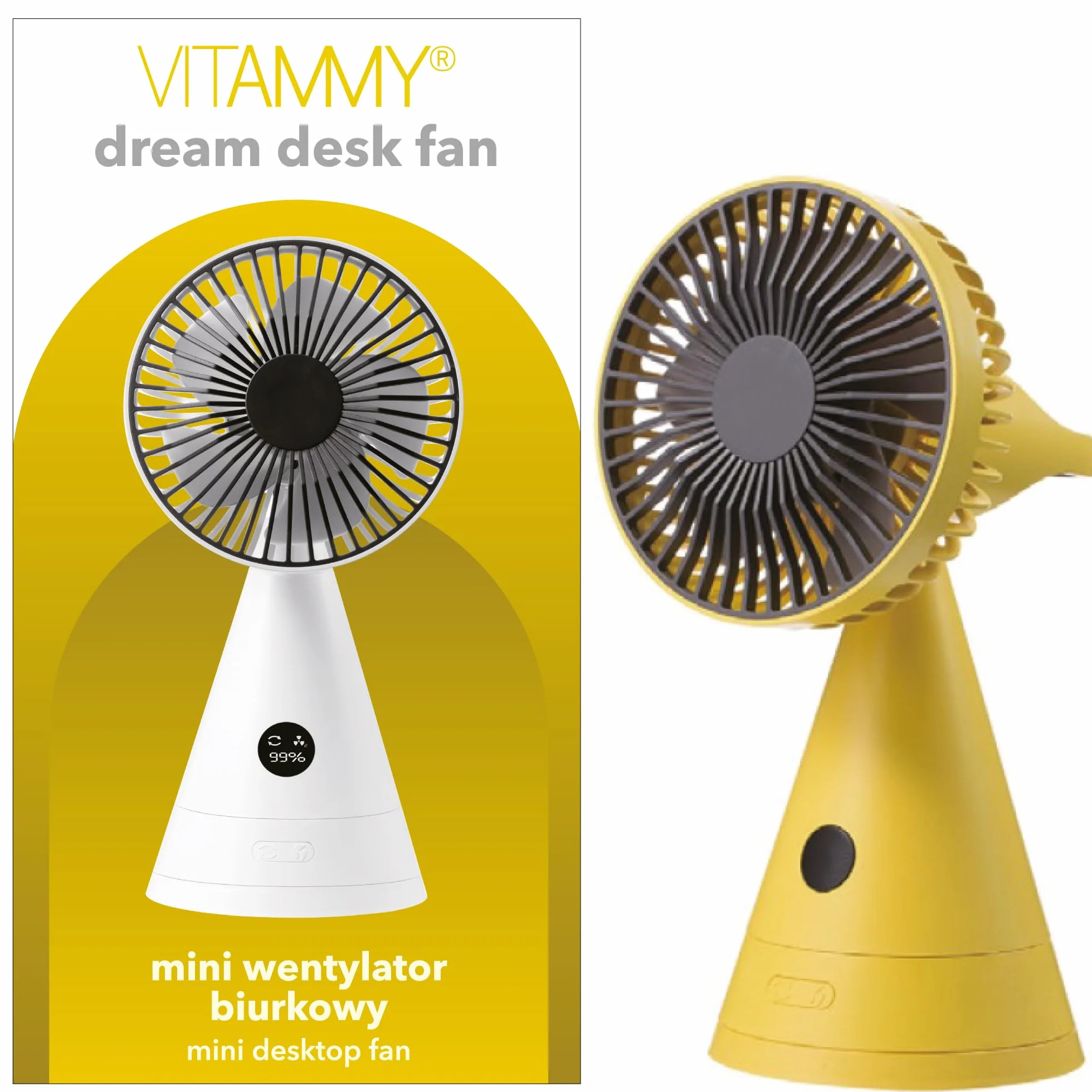 VITAMMY DREAM DESK FAN ŻÓŁTY Mini wentylator biurkowy USB 4000 mAh