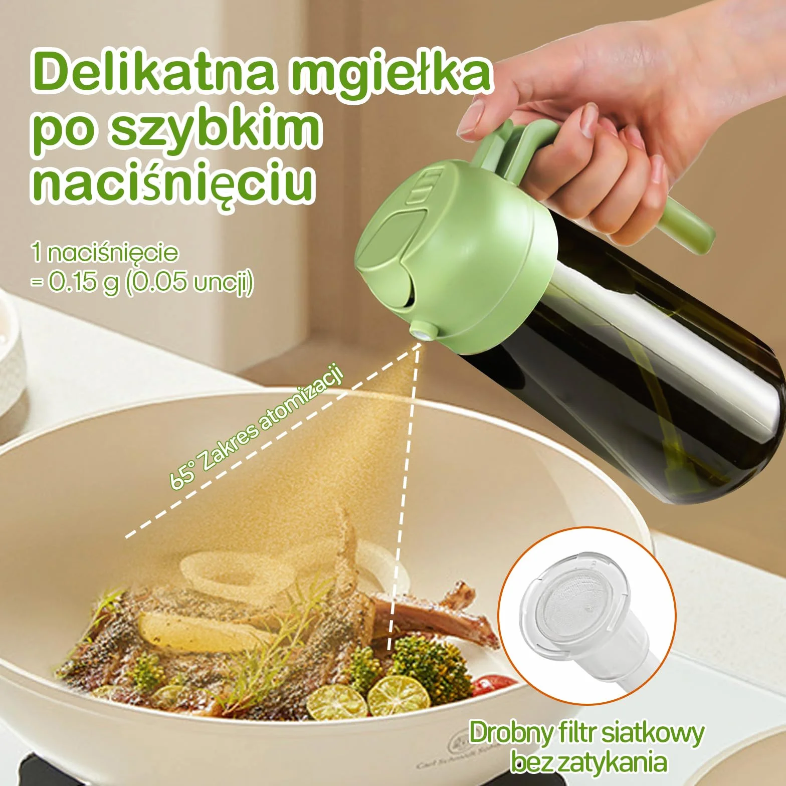 YARRAMATE blokujący światło rozpylacz ciemnego oleju do gotowania, 2 w 1 spryskiwacz do oleju do gotowania, 470 ml szklana na olej, 2 w 1 zielona butelka na olej (zielony)