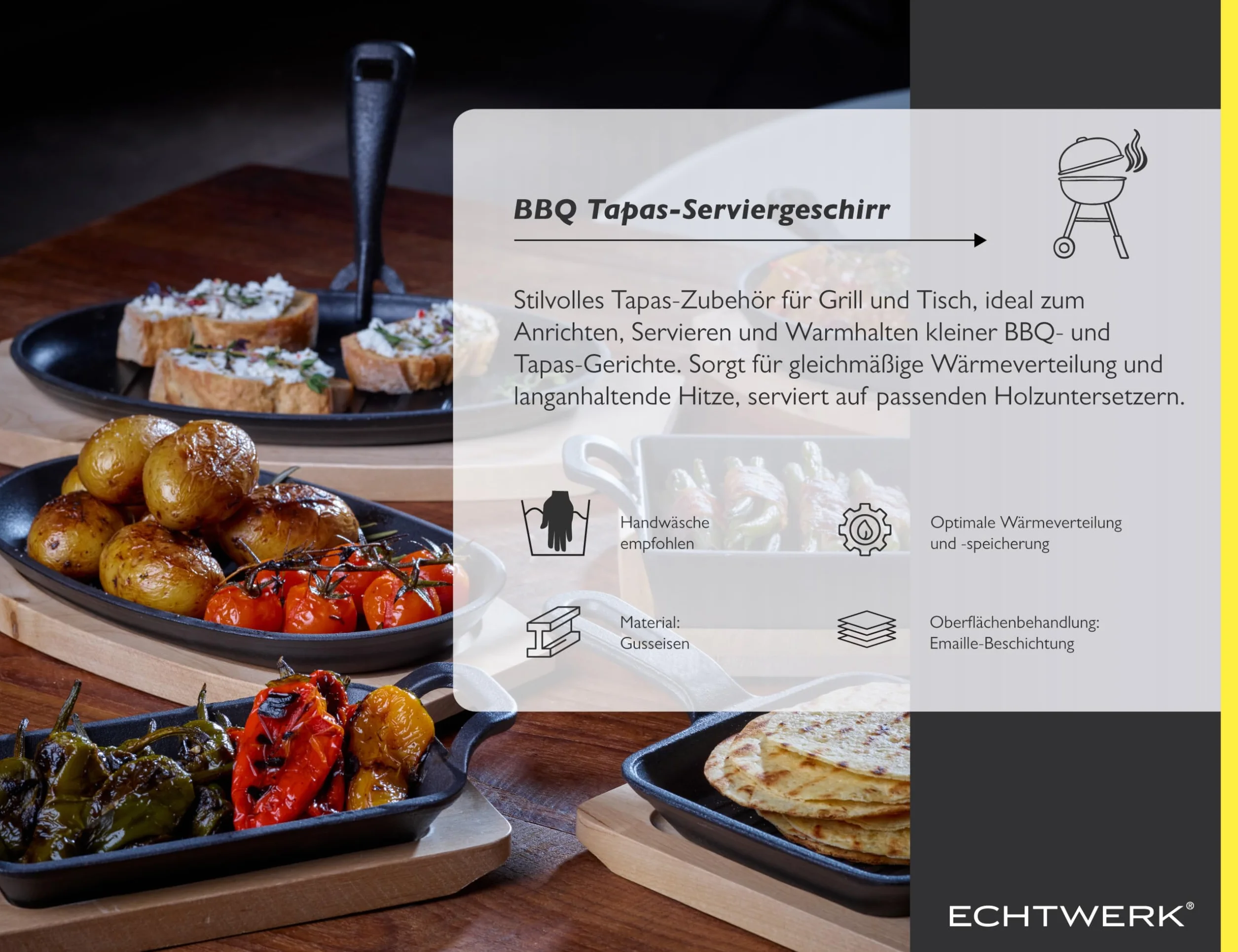 ECHTWERK Zestaw 4 żeliwnych naczyń do serwowania, Naczynie do serwowania, Naczynie do zapiekanek z deską do serwowania, Patelnia grillowa, grilli i grillów, Idealne do serwowania, Duża edycja