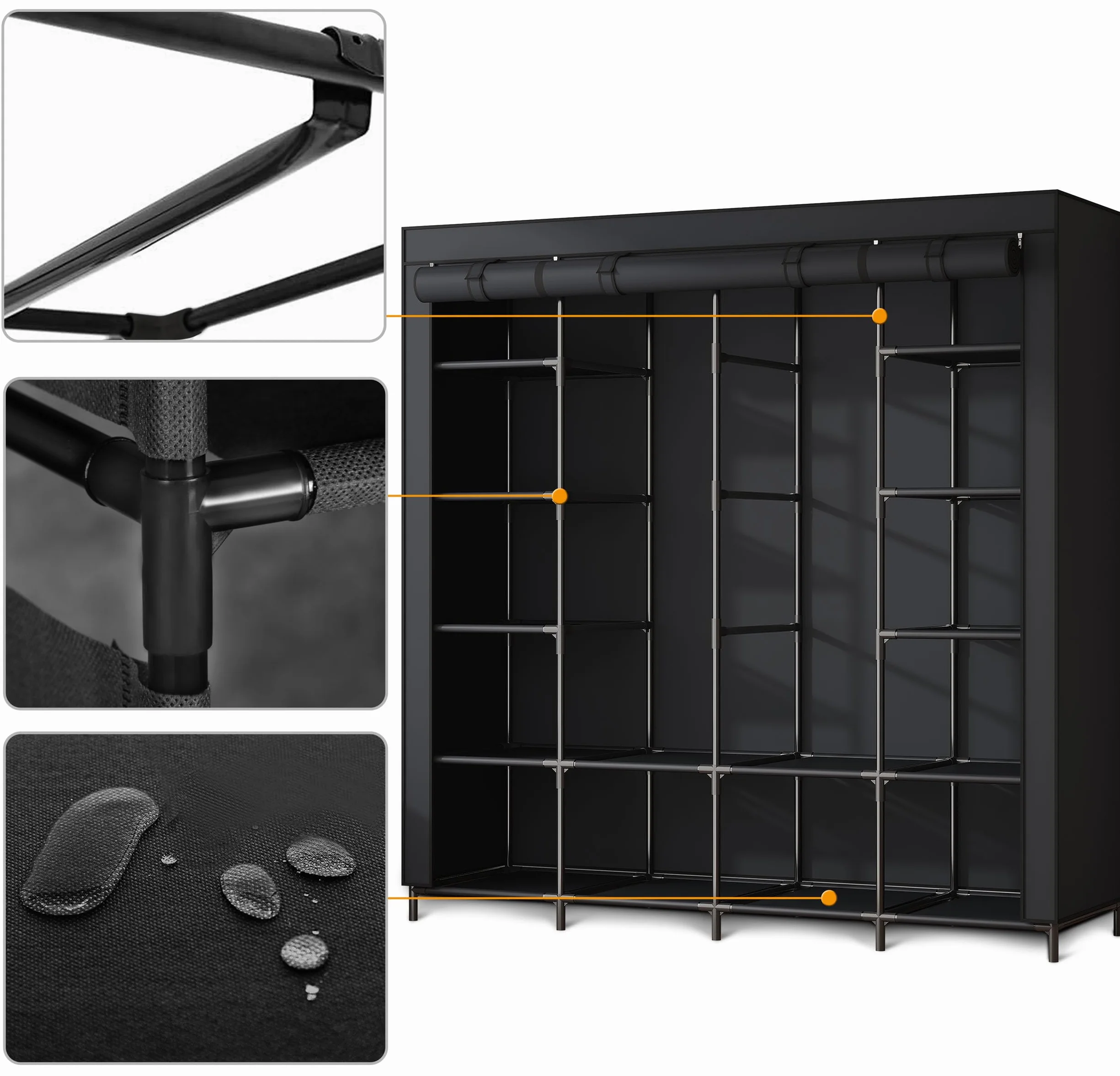 Szafa Tekstylna Składana Materiałowa 14 Półek 1 Drążek Stalowy 170x45x170 cm Czarna