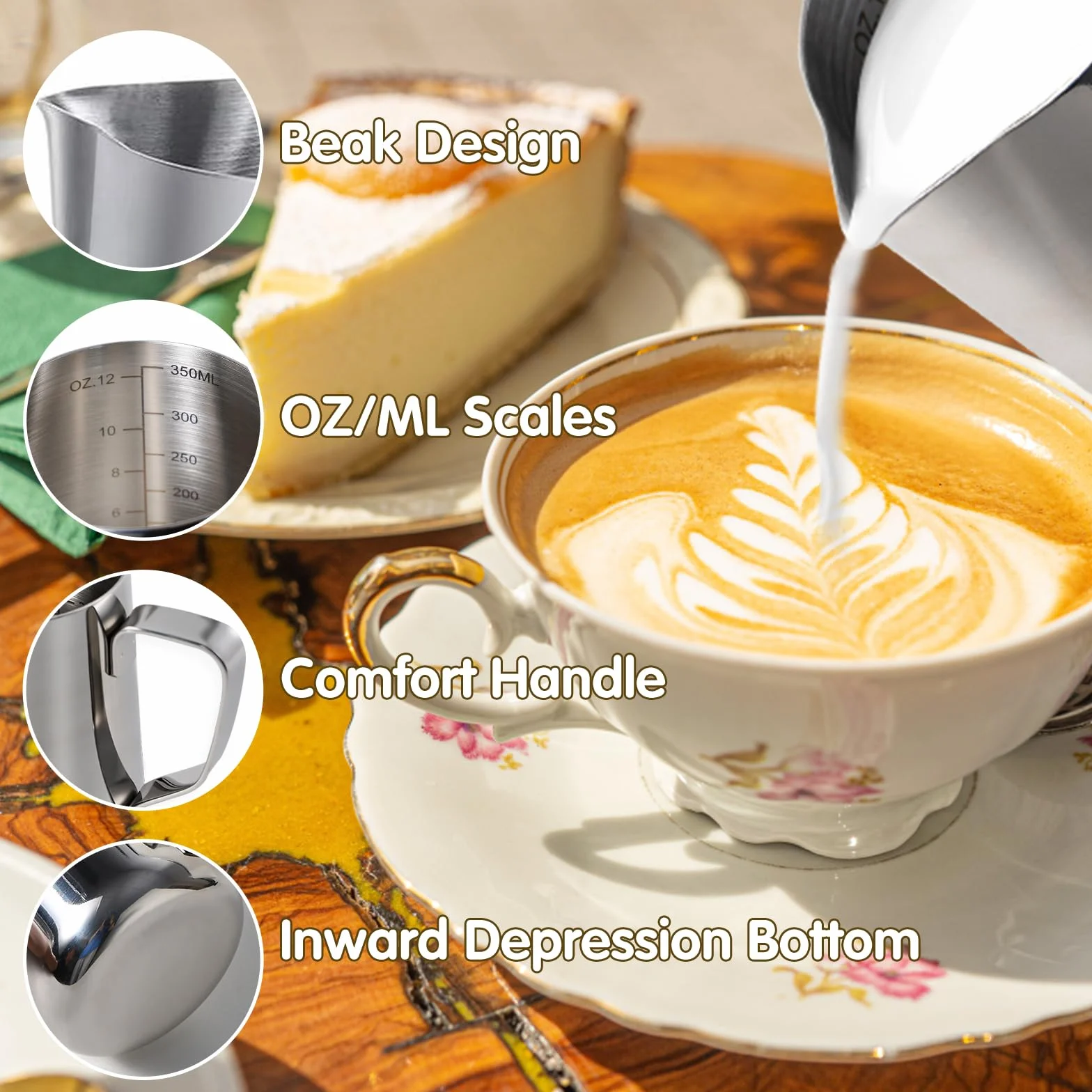 350 ml Dzbanek do Spieniania Mleka, Dzbanek do mleka ze stali nierdzewnej, latte dekorowanie pióro artystyczne, Dzbanek na Mleko z Miarką dla Baristy, Espresso, Latte Art, Idealny dla Miłośników Kawy