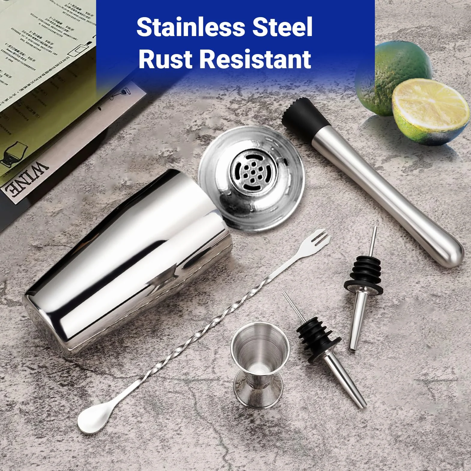 Zestaw do koktajli – shaker do koktajli ze stali nierdzewnej – zestaw do mieszania koktajli 750 ml – akcesoria do koktajli z shakerem, podwójny kubek z miarką, łyżka dla rodzin, do baru, na imprezy