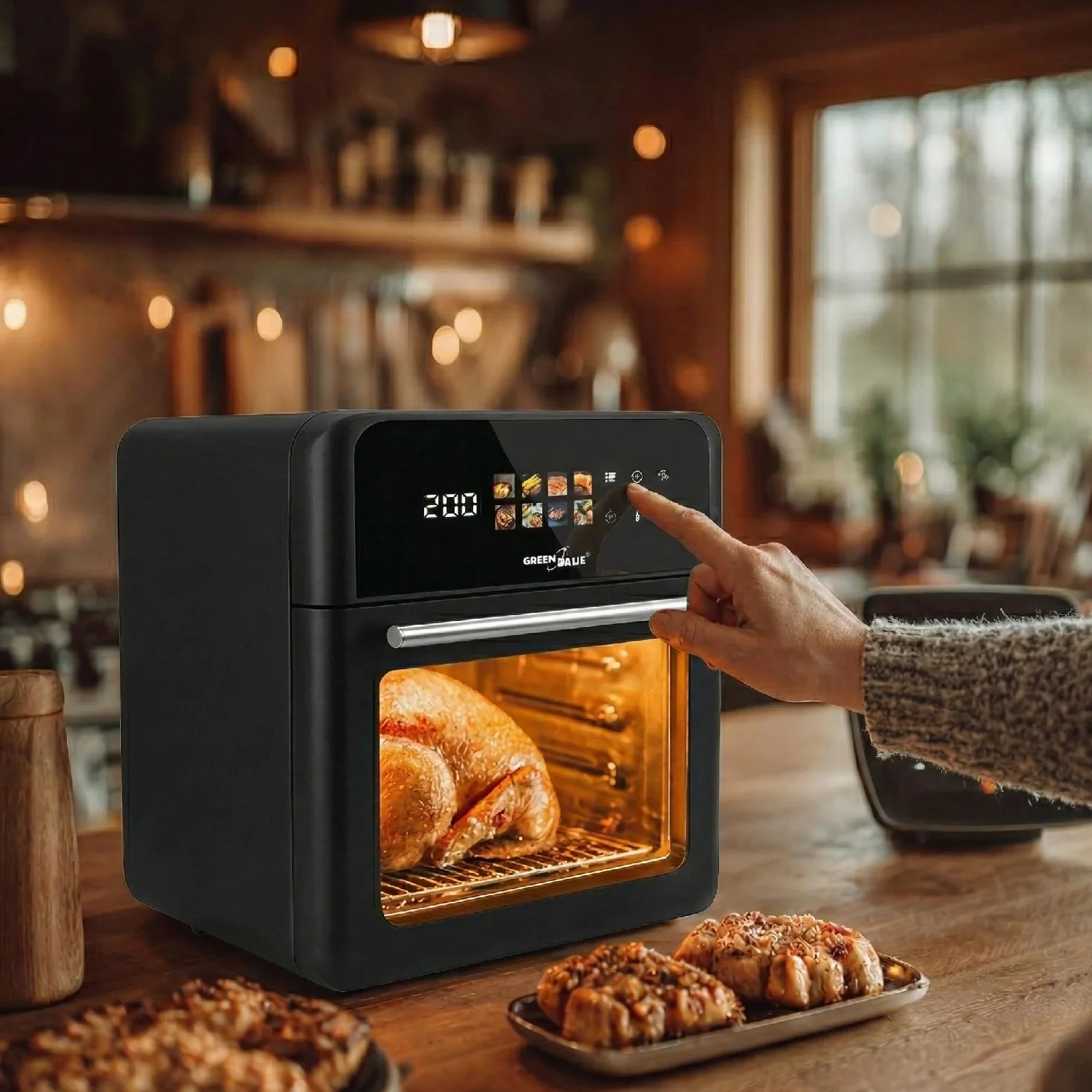 GreenBlue GB950 Frytkownica bezolejowa, pojemność 10 l, moc 1800 W, okienko podglądu, 8 programów, zakres temperatur 70–200 °C, 60-minutowy timer, panel dotykowy LED, akcesoria: kosz, miski, czarna