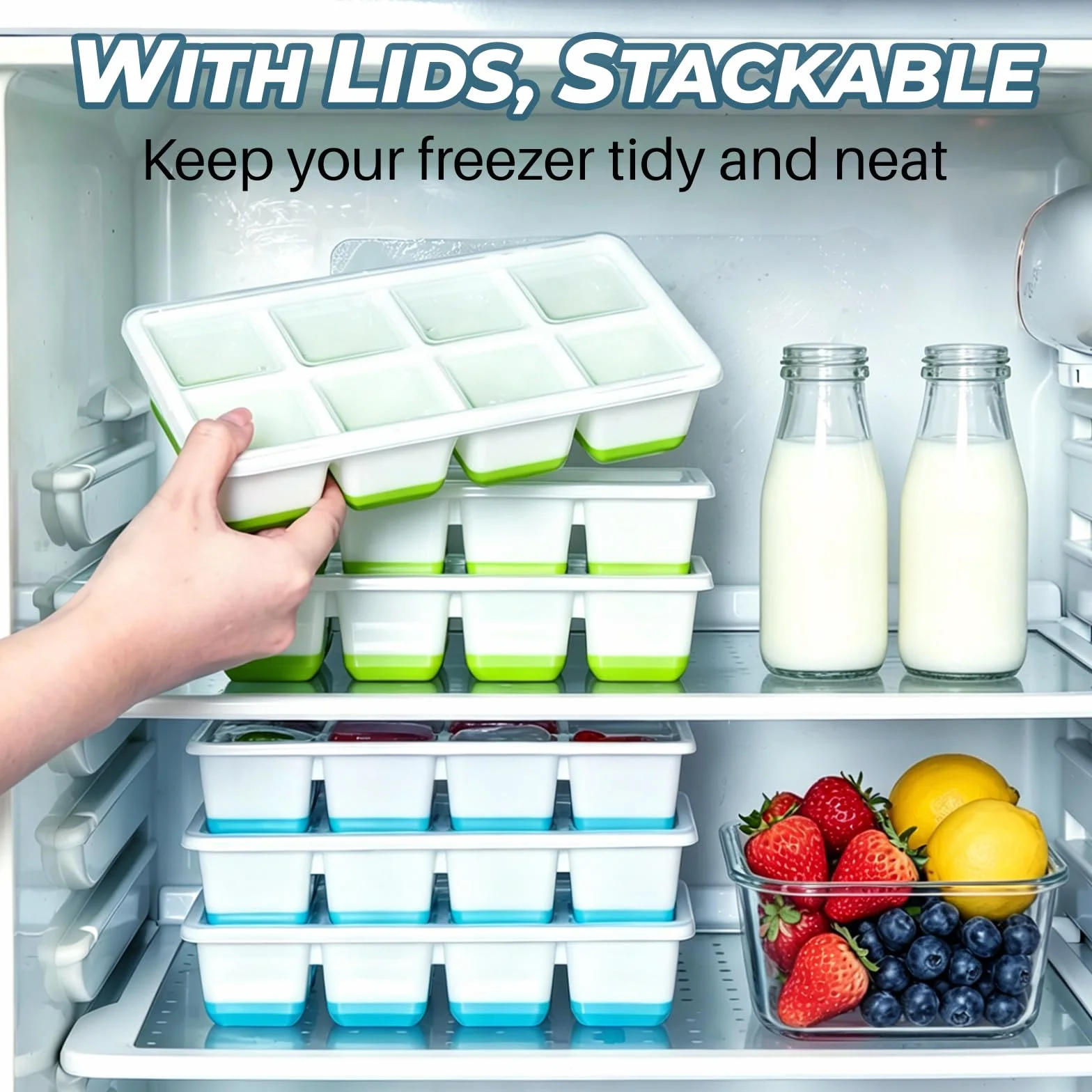 Duża Foremka do Lodu z Pokrywką, Jrsibo 2-szt Silikonowa Taca na Kostki Lodu Bezpieczny i Wolny od BPA, Forma do Kostek Lodu Ice Cube Tray Formy Lodowe do Koktajli, Piwa, Whisky (Niebieski)