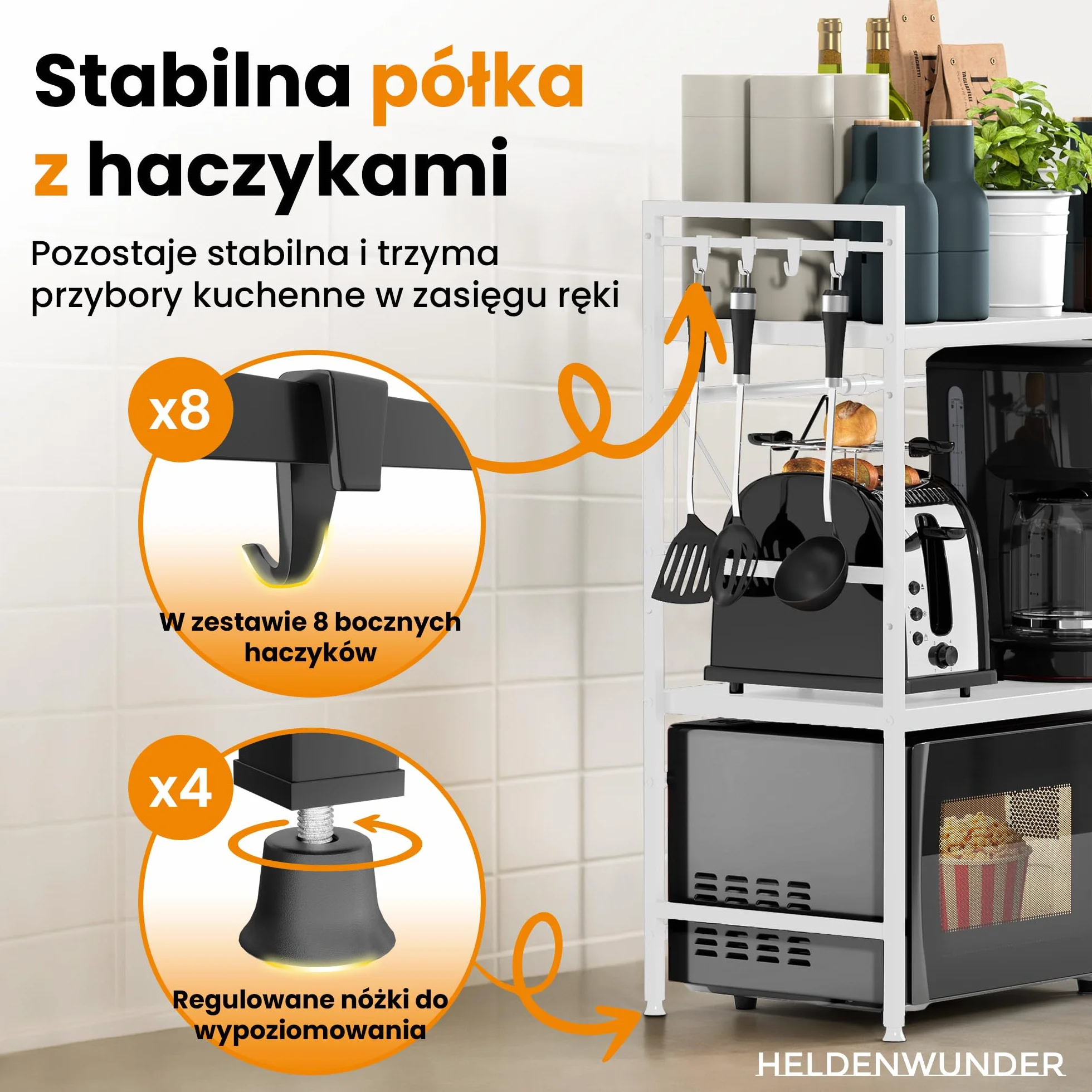 Heldenwunder Regał Mikrofala Regał Kuchenny stojący Stalowy (3-poziomowy) | Regał do Przechowywania Regał Piekarski z regulacją wysokości i długości + instrukcja wideo, haki – Biały