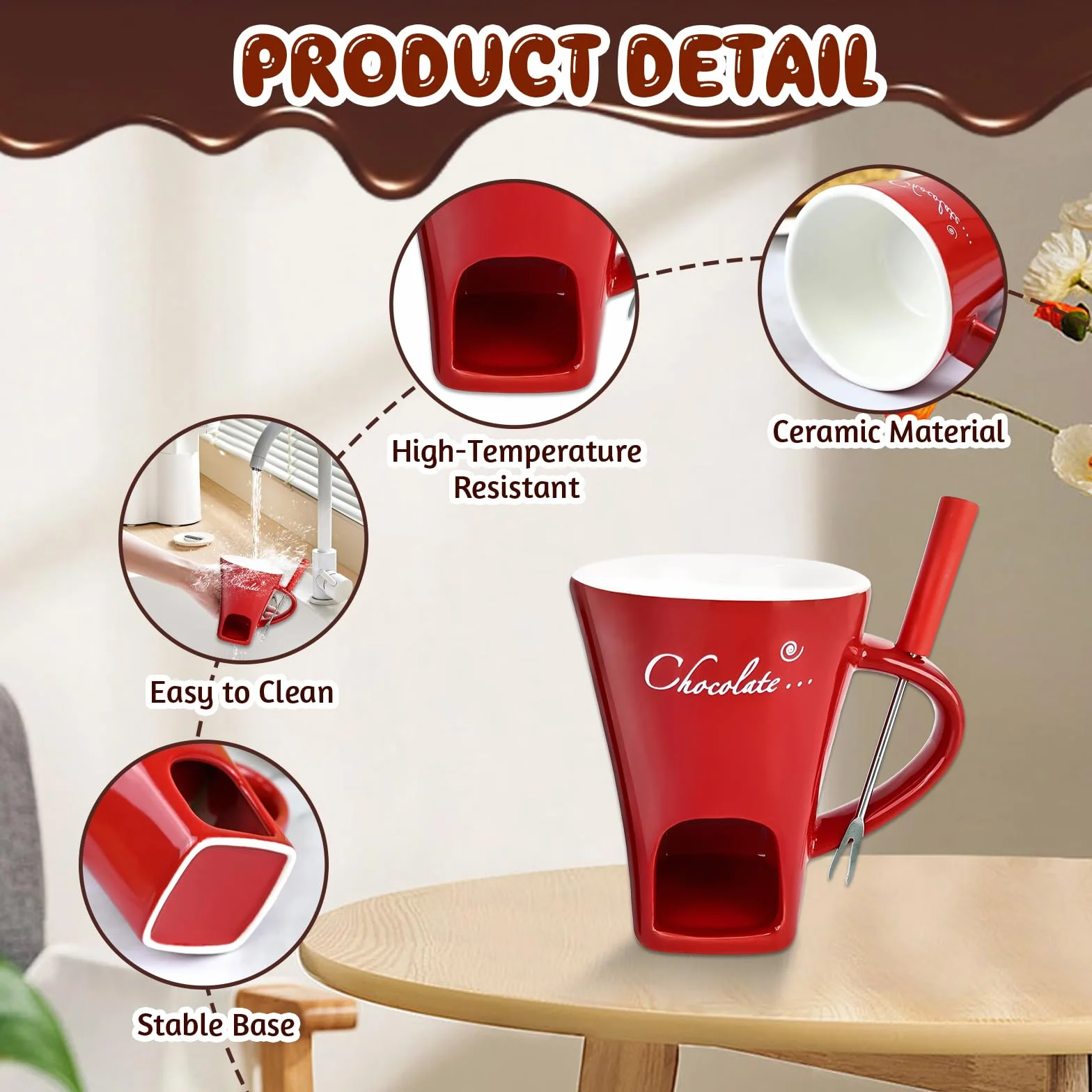 Kubek do fondue czekoladowego z widelcem, ceramiczna filiżanka do topienia czekolady, podgrzewacz do masła, podgrzewacz do sera, kubek do topienia czekolady na randkę, prezent urodzinowy, ślubny (bez