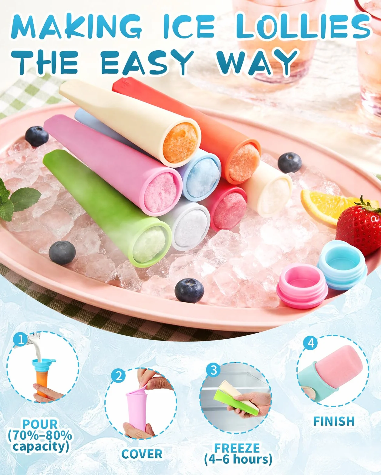 8 sztuk silikonowe formy na lody z pokrywkami, formy na lody z składaną lejkami, przyjazne dla dzieci rozmiary, bez BPA, łatwe do czyszczenia, elastyczne i wielokrotnego użytku formy na lody do wyrobu