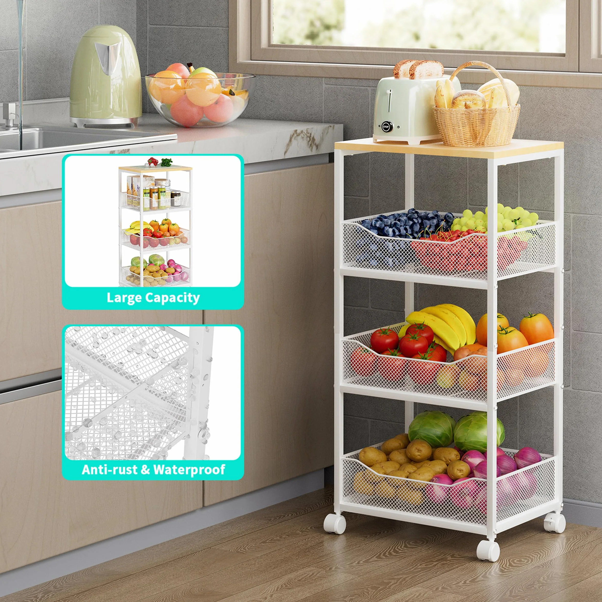 HapiRm Kosz na owoce, wózek kuchenny, 4-poziomowy stojak do przechowywania warzyw z kółkami, wózek do przechowywania z drewnianym blatem, organizer na warzywa, owoce, ziemniaki, cebulę, warzywa, chleb