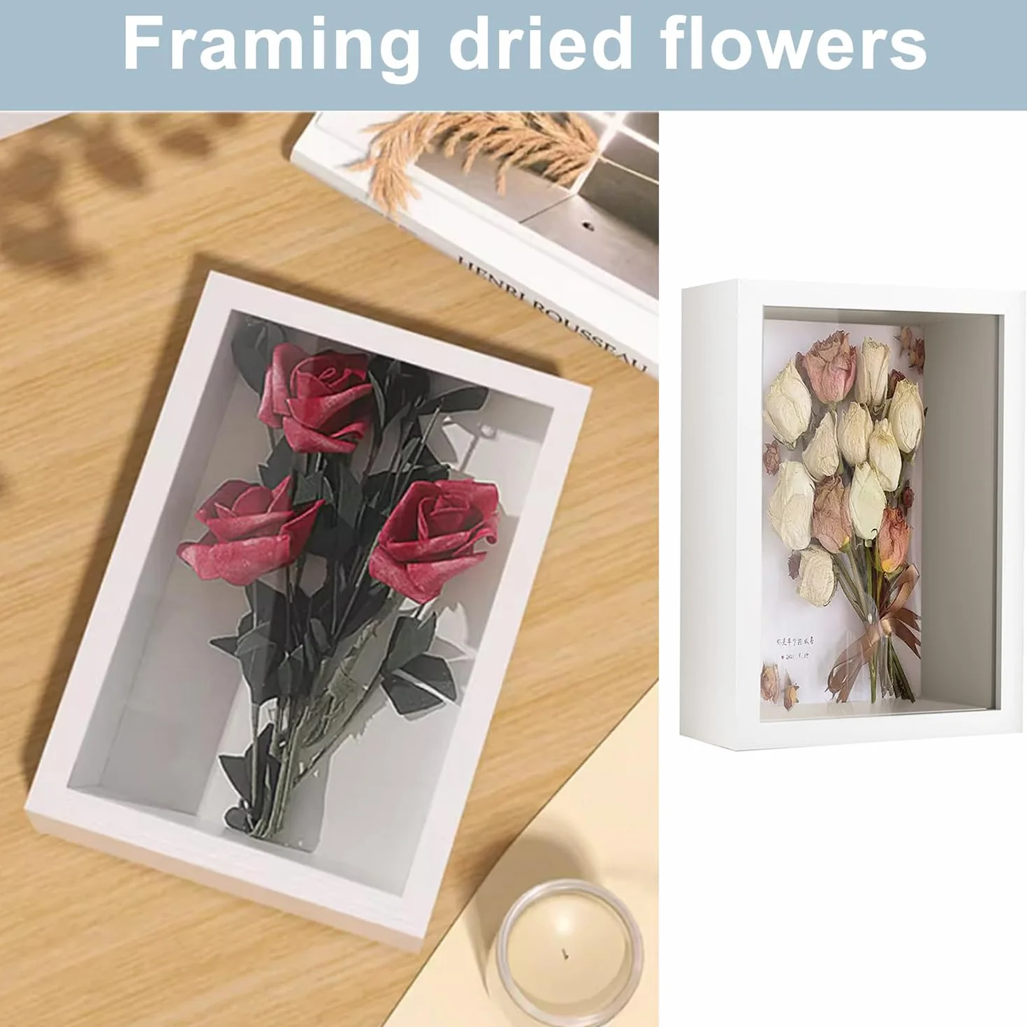 Shirene Pudełko z cieniem 3D, ramka z białym cieniem, ramka ekspozycyjna 25 cm do rękodzieła, ekspozycja z głębokimi ramkami na zdjęcia, drewniane pudełka ekspozycyjne 3D na medale, zdjęcia, kwiaty i