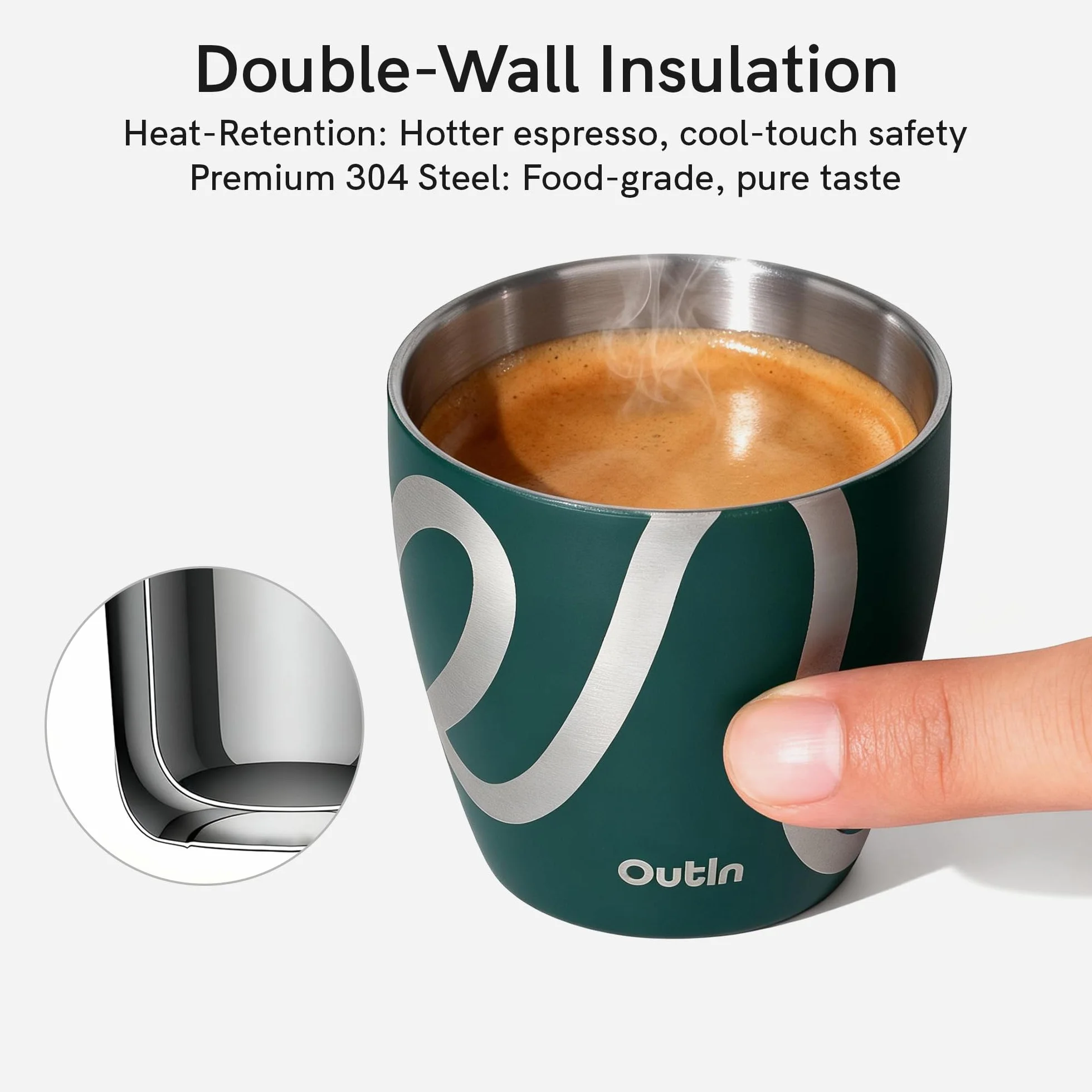 OutIn Zestaw 2 Filiżanek do Espresso, Podwójna Ścianka Izolacyjna 75ml ze Stali Nierdzewnej, Przenośne Kieliszki do Espresso na Kemping, Kompatybilne z Ekspresami OutIn