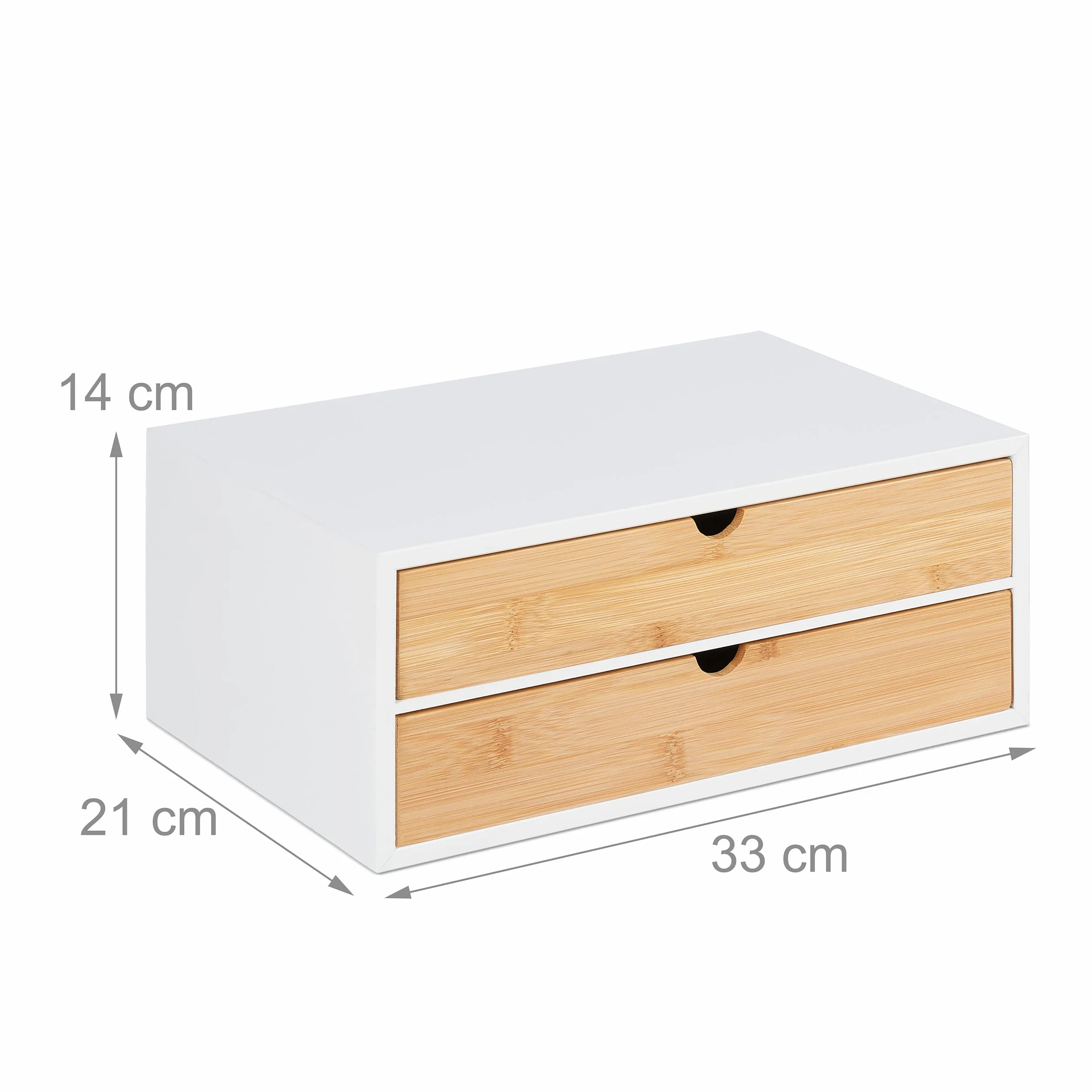 Relaxdays Skrzynka z szufladami, bambus i MDF, mini komoda 2 szuflady, wys. x szer. x gł.: 14 x 33 x 21 cm, organizer na biurko, biały/naturalny, 10039329