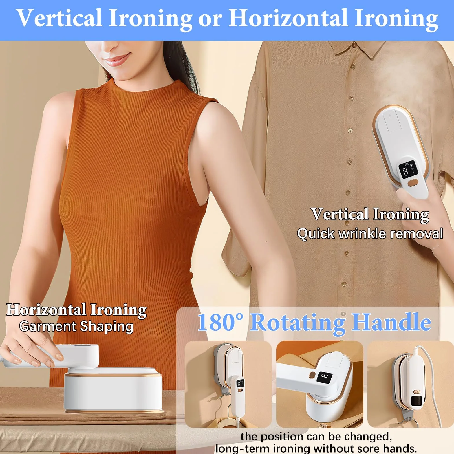 Steam Iron Travel Steamer with LCD Screen, 10S Fast Heat-up 2000W Steamer Clothing with 180° Rotatable Handle, Portable Handheld Clothes Steamer, 3 Steam Levels for Travel, Home, Office Y