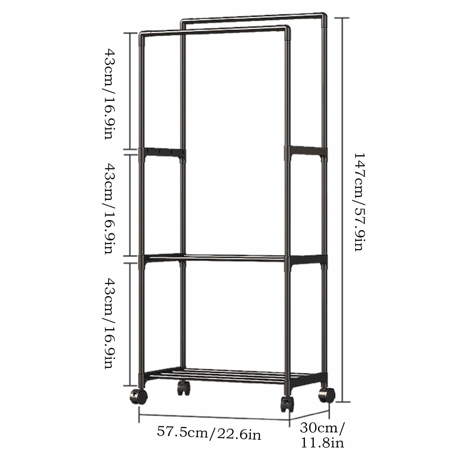 Double Rods Clothes Rack With Wheels Metal Clothing Rack For Hanging Clothes Portable Wardrobe Garment Racks For Bedroom Laundry Living Room(Black)