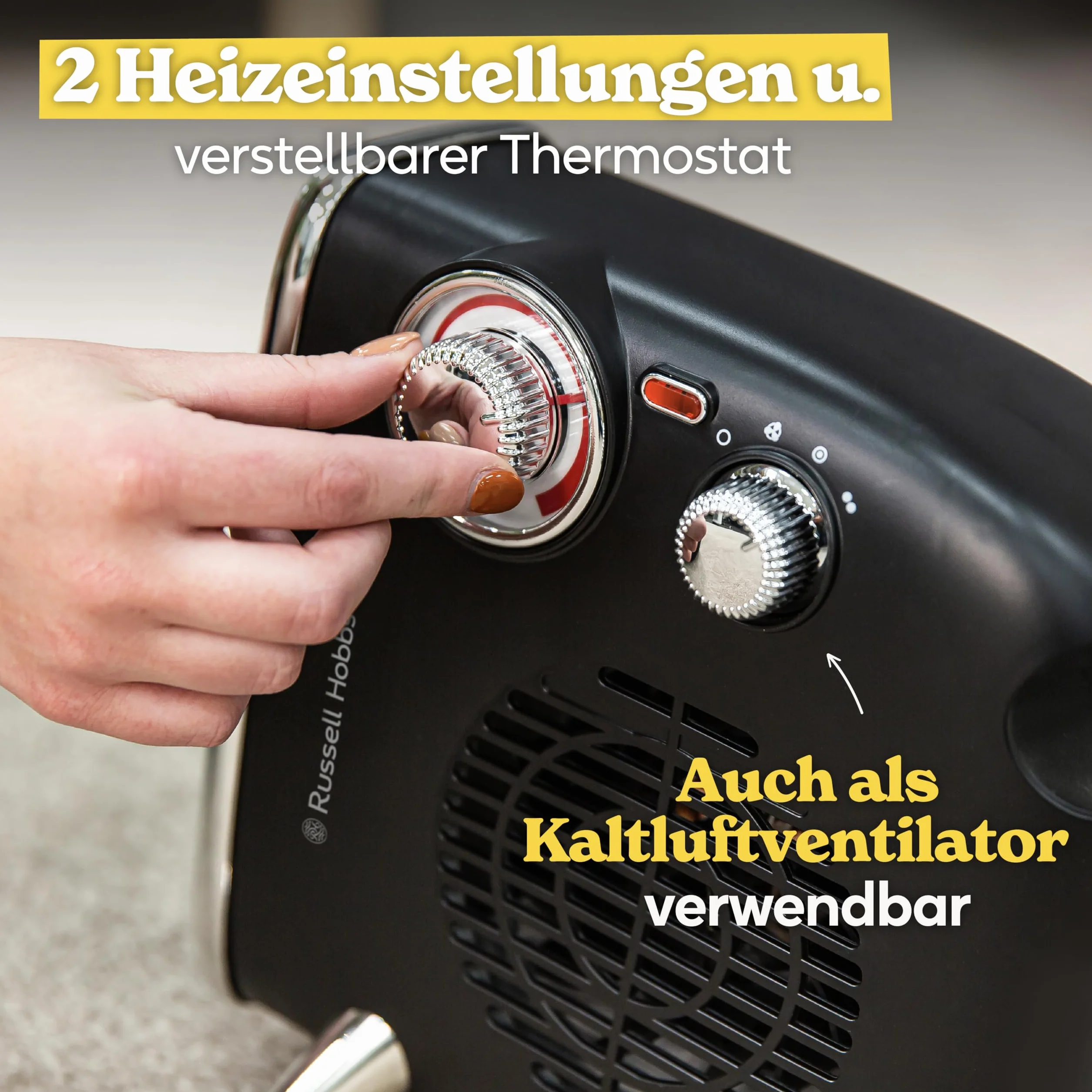 Russell Hobbs RHRETHFH1001B Grzejnik elektryczny 1800 W / 1,8 kW, retro wentylator poziomy/pionowy, z regulowanym termostatem, 2 ustawienia temperatury, 20 m2, sterowanie tarczą, czarny