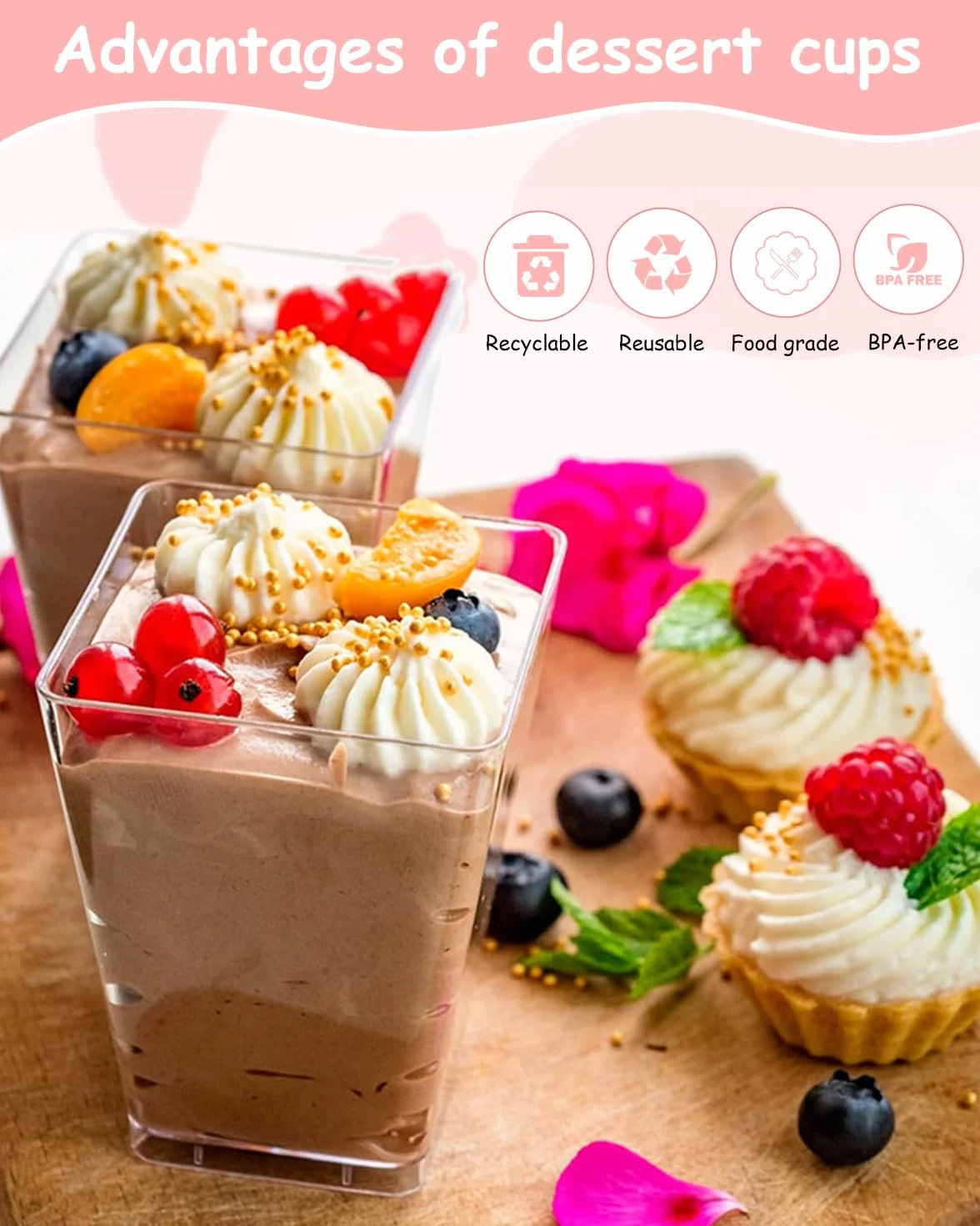 50 sztuk deserowych plastikowych szklanek, 160 ml kubków do deserów z pokrywkami i łyżeczkami, 50 sztuk wielokrotnego użytku do domowych deserów, budyń, mus, lody, przyjęcia