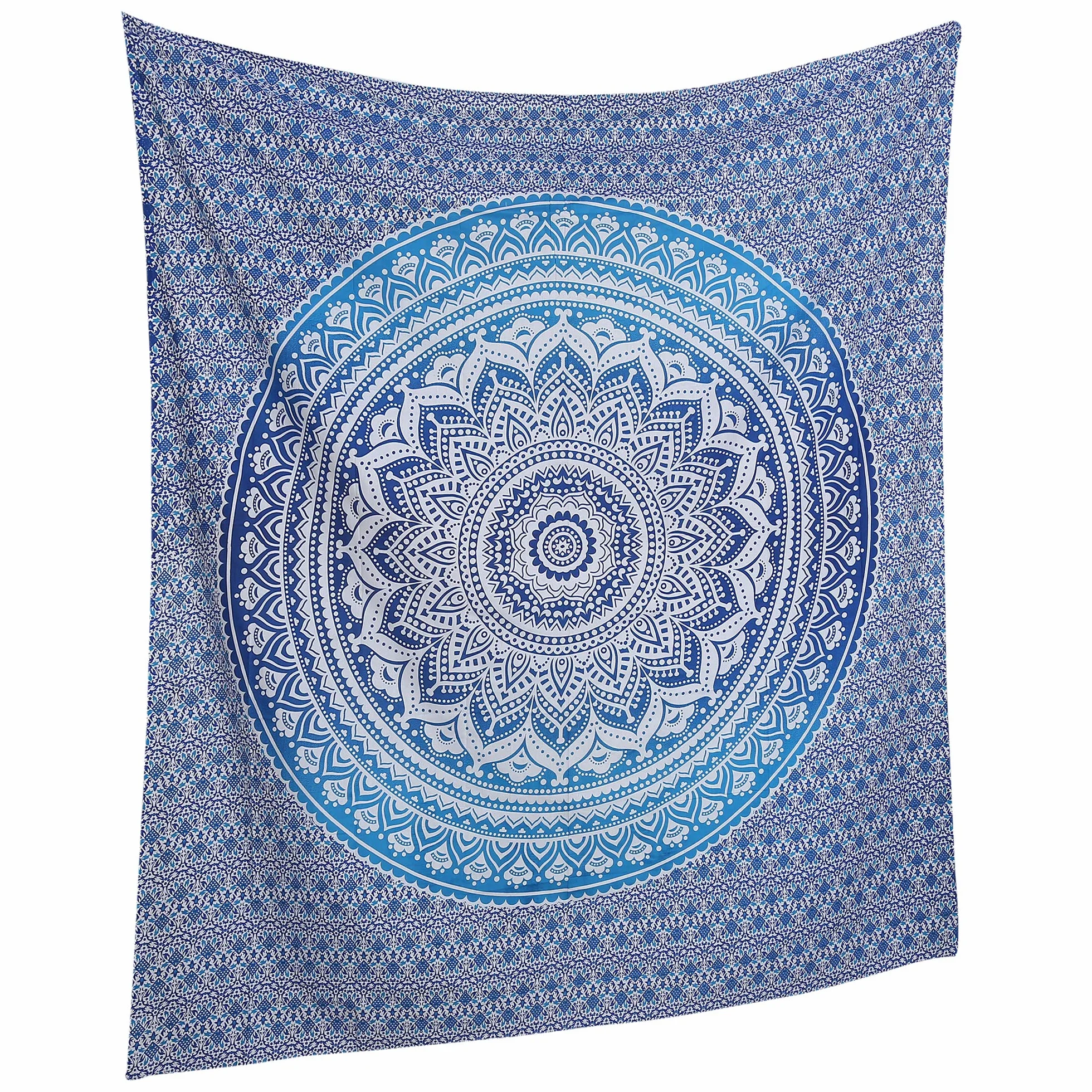 Dywan ścienny, mandala, niebieski, 228 x 213 cm – hipisowski ombre, dekoracyjny, duża ozdoba na ścianę, dywan na ścianę w stylu indyjskim, boho, Goa, makata ścienna do salonu, sypialni, dywan ścienny