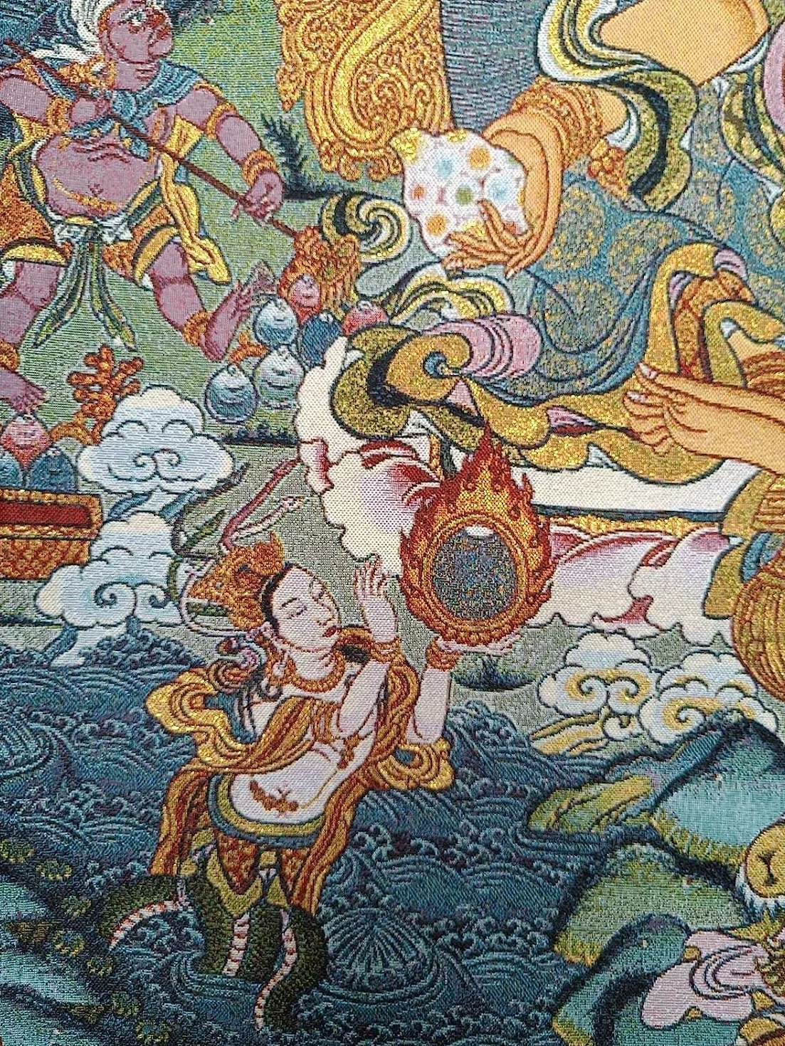 Haft tybetański thangka, thangka fengshui, jedwabny haft tybetański tybetański materiał jedwabny Bon religia żółty Tangka Thangka Mural Fengshui Wall Art do wystroju domu medytacja