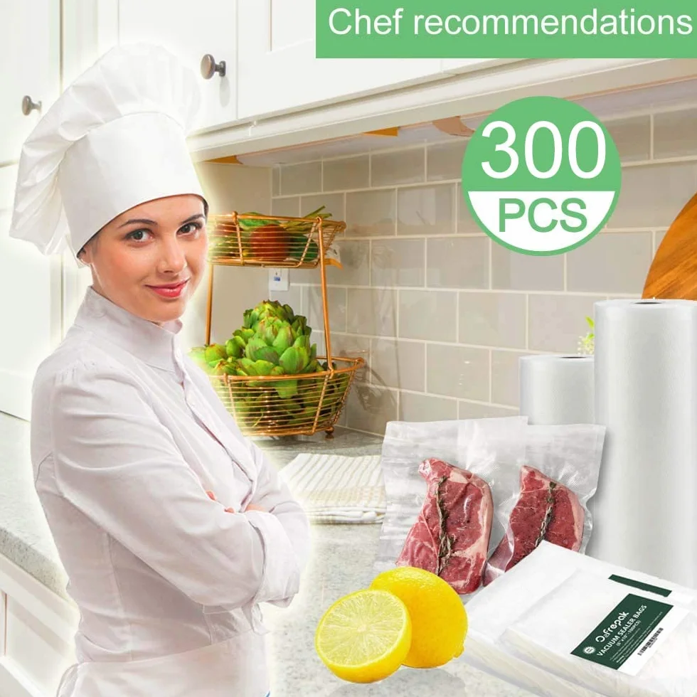 O2frepak 15X25cm(300Pakiet) Worki próżniowe do pakowania żywności w rolkach do gotowania metodą sous vide,klasy komercyjnej,bez BPA,z zabezpieczeniem przed przebiciem