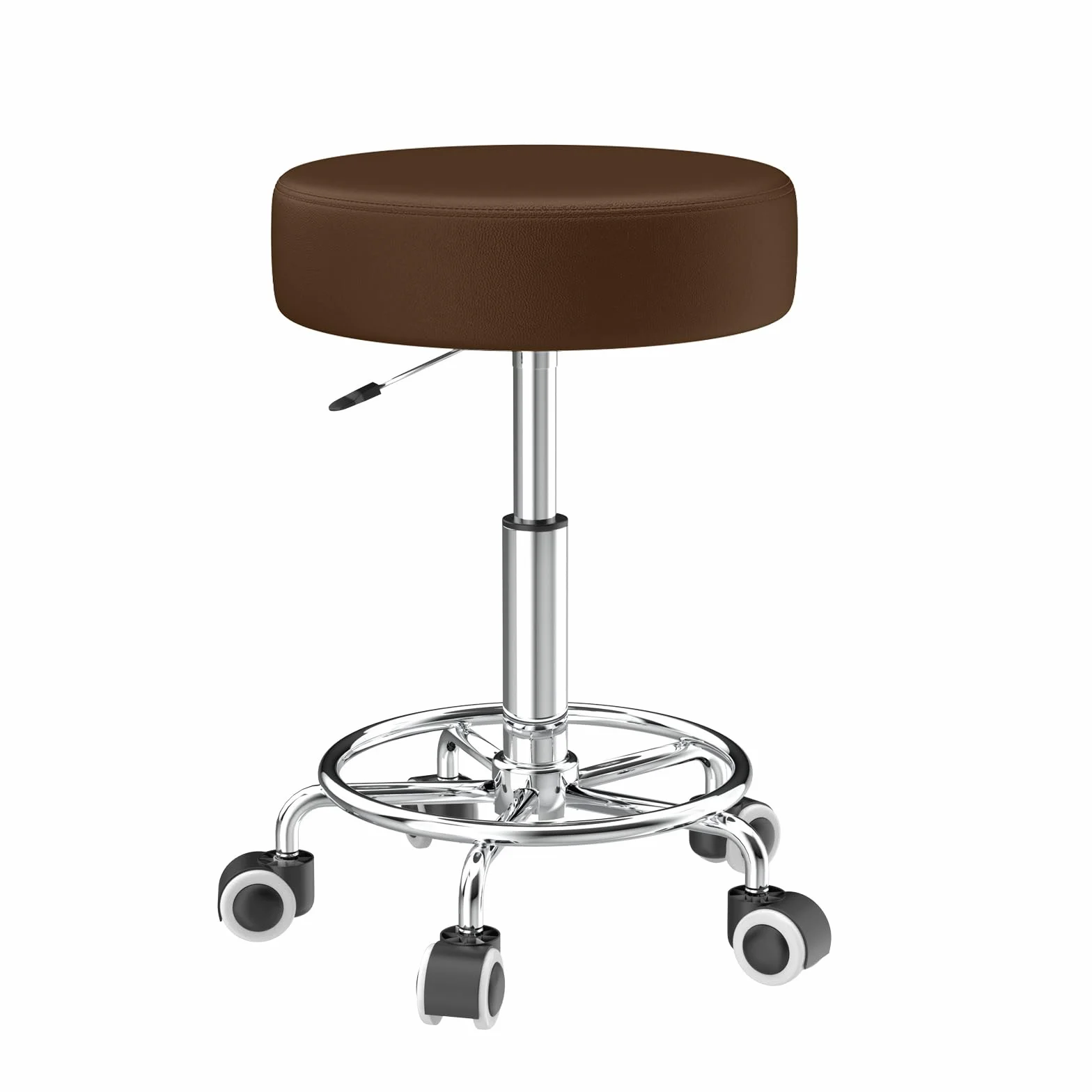Taboret obrotowy z regulacją wysokości 43-57 cm na kółkach z podnóżkiem, skóra PU