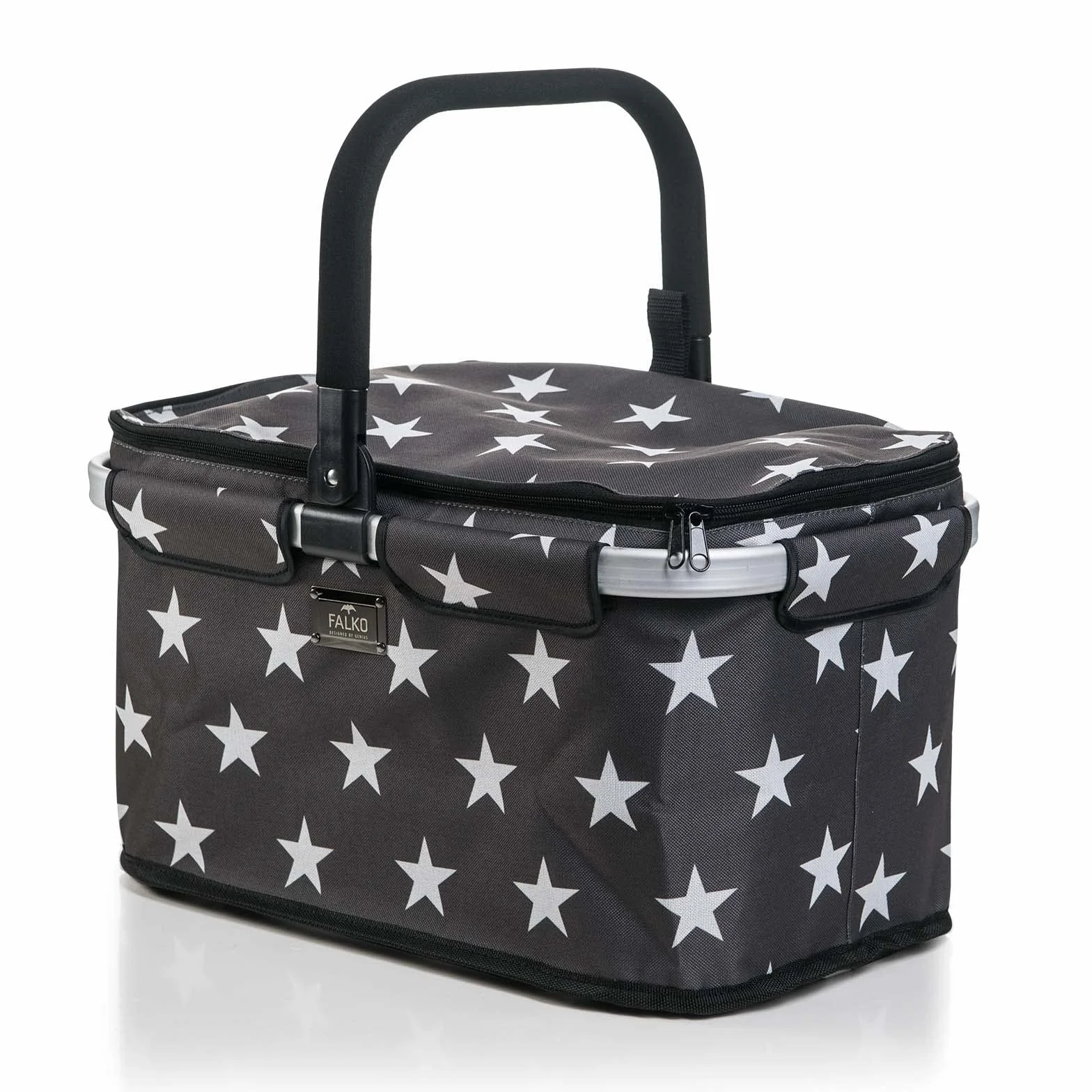 Genius A14360 Falko Premium koszyk na zakupy, 22 l, duży, składany, z pokrywką | kosz do noszenia w podróży z aluminiowym uchwytem, czarno-kolorowy