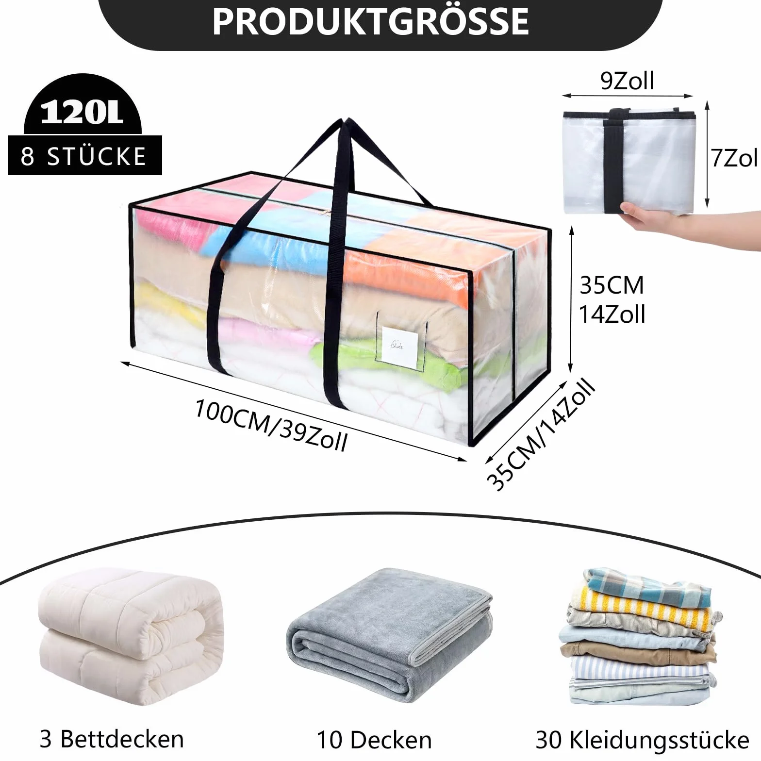 Dntorx 8 sztuk toreb do przechowywania, 120 l, wodoszczelne, przezroczyste kartony, duże pudełka do przeprowadzki, z uchwytem na zamek błyskawiczny, do przeprowadzki, przechowywania, na kemping