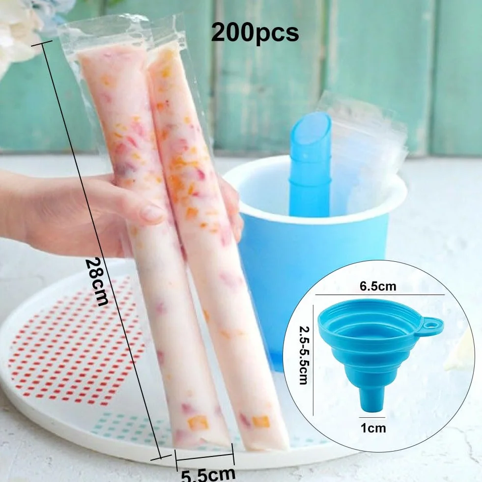 Foremki do lodów wodnych, 200 sztuk, torebki do lodów wodnych, nie zawierają BPA, foremki do lodów typu popsicle, foremki do lodów wodnych, bez BPA, z lejkiem, foremki do lodów DIY, do jogurtu