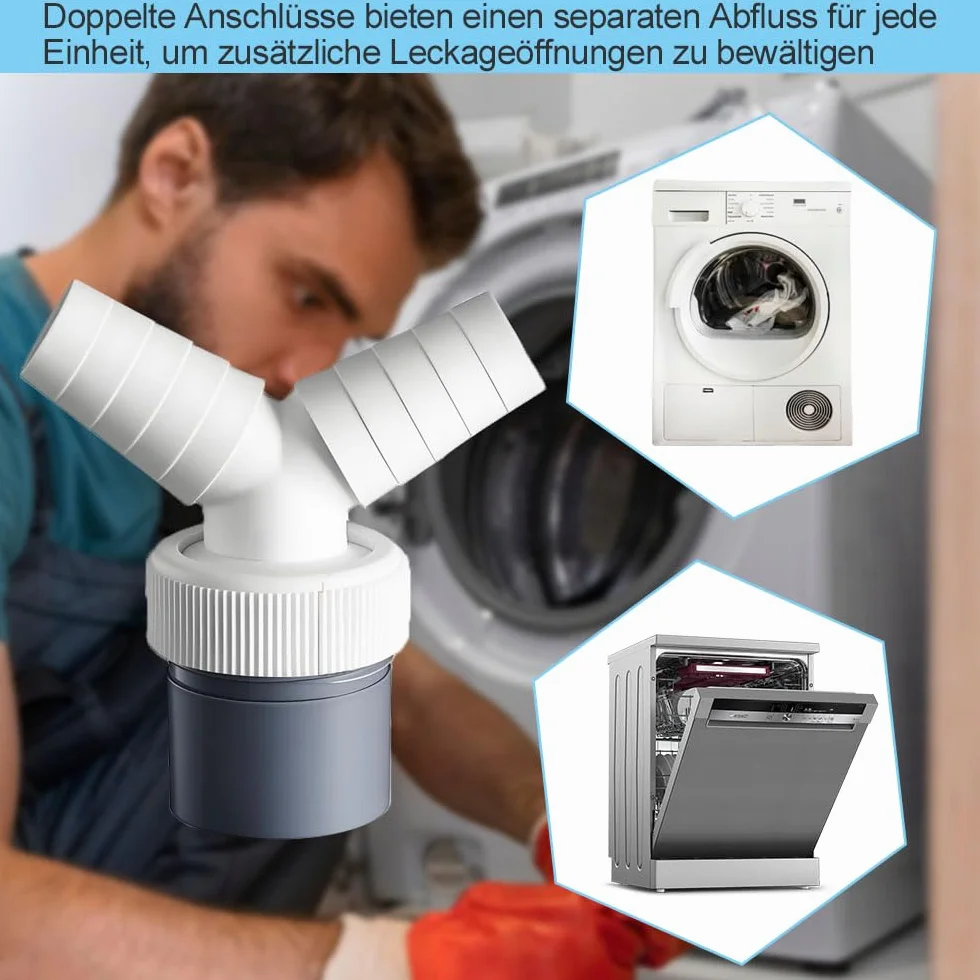 Voarge Odpływ pralki podwójne przyłącze adapter Y do zmywarki, odpływ do rury Ø 40 mm i wejście Ø 18-24 mm, z 2 sztukami obejm węża