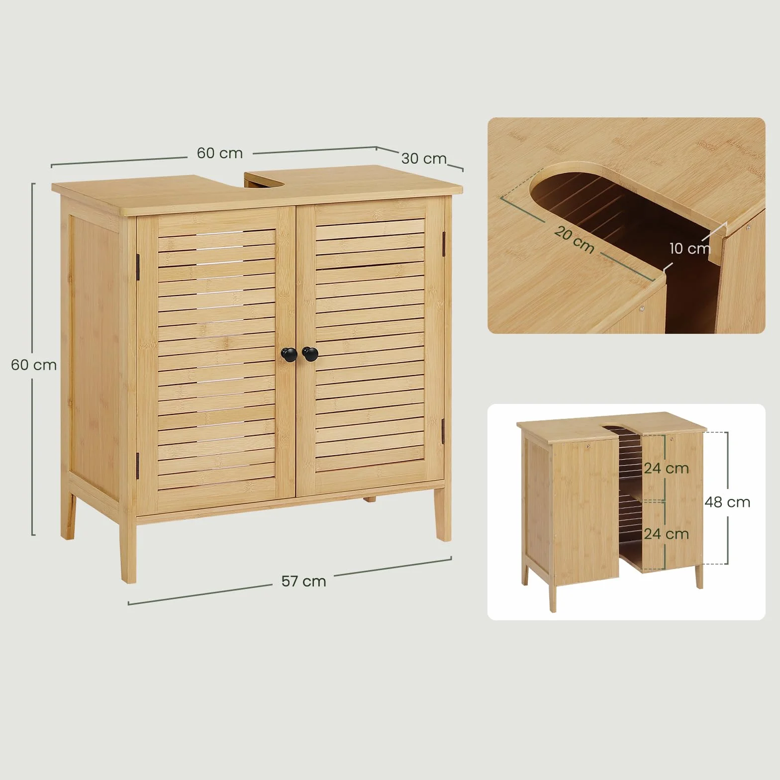 EUGAD Szafka pod umywalkę, szafka pod umywalkę, szafka łazienkowa z 2 drzwiczkami, 60 x 30 x 60 cm, bambus