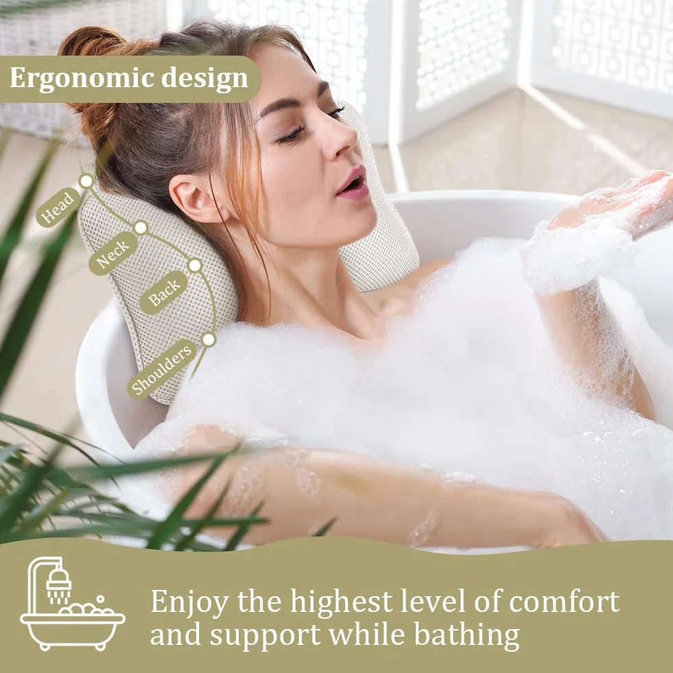 Poduszka do wanny, luksusowy zestaw poduszki do wanny 4D i piłki do kąpieli, ergonomiczna siatkowa poduszka do wanny SPA, z antypoślizgowymi przyssawkami, ergonomiczny zagłówek domowego spa do