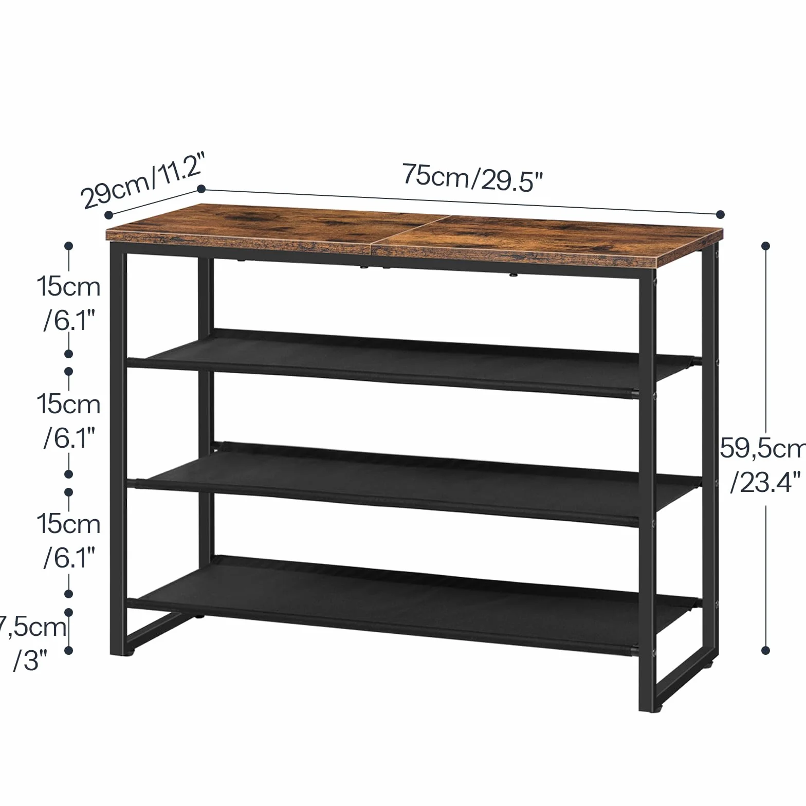 HOOBRO Stojak na buty, 4-poziomowy organizer do przechowywania butów z 3 półkami z tkaniny Oxford i górnym panelem, mieści 12-16 par butów do przedpokoju i szafy, industrialny, rustykalny brązowy