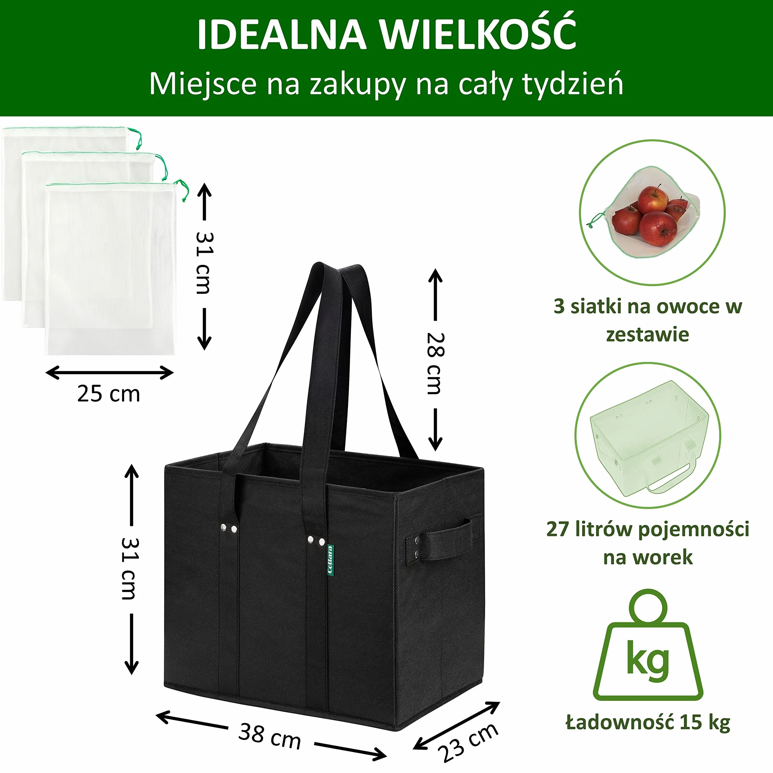 COTTARA Torba na zakupy składana 3 sztuki kosz wielokrotnego użytku 38x23x31 cm szara
