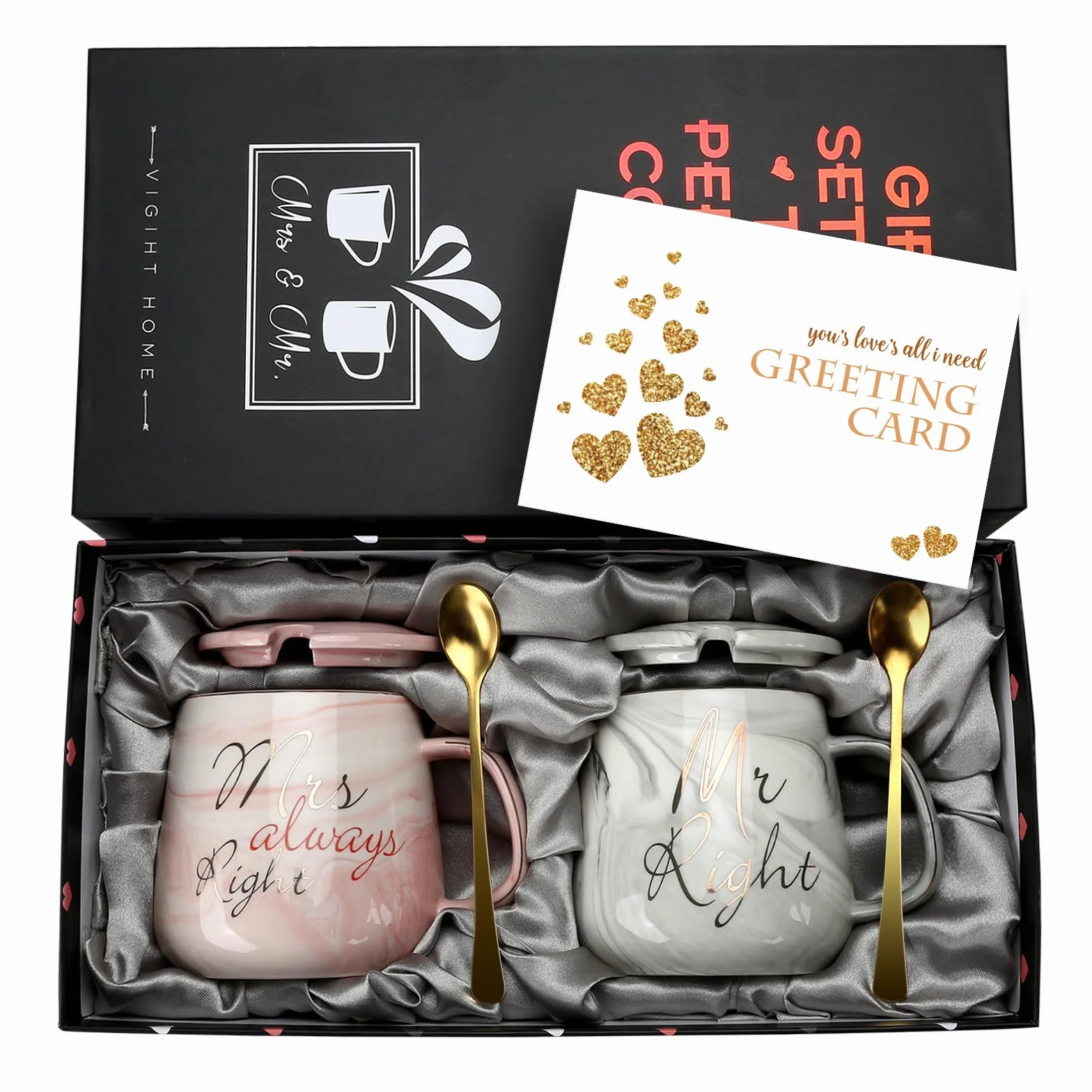 Mr Right and Mrs Always Right Ceramiczne Kubki Do Kawy Zestaw 2-13 Oz Para Filiżanka Herbaty z Pokrywką i Łyżką, Marmurowe Kubki Prezenty Ślubne dla Pary Młodej (Różowy, Szary)