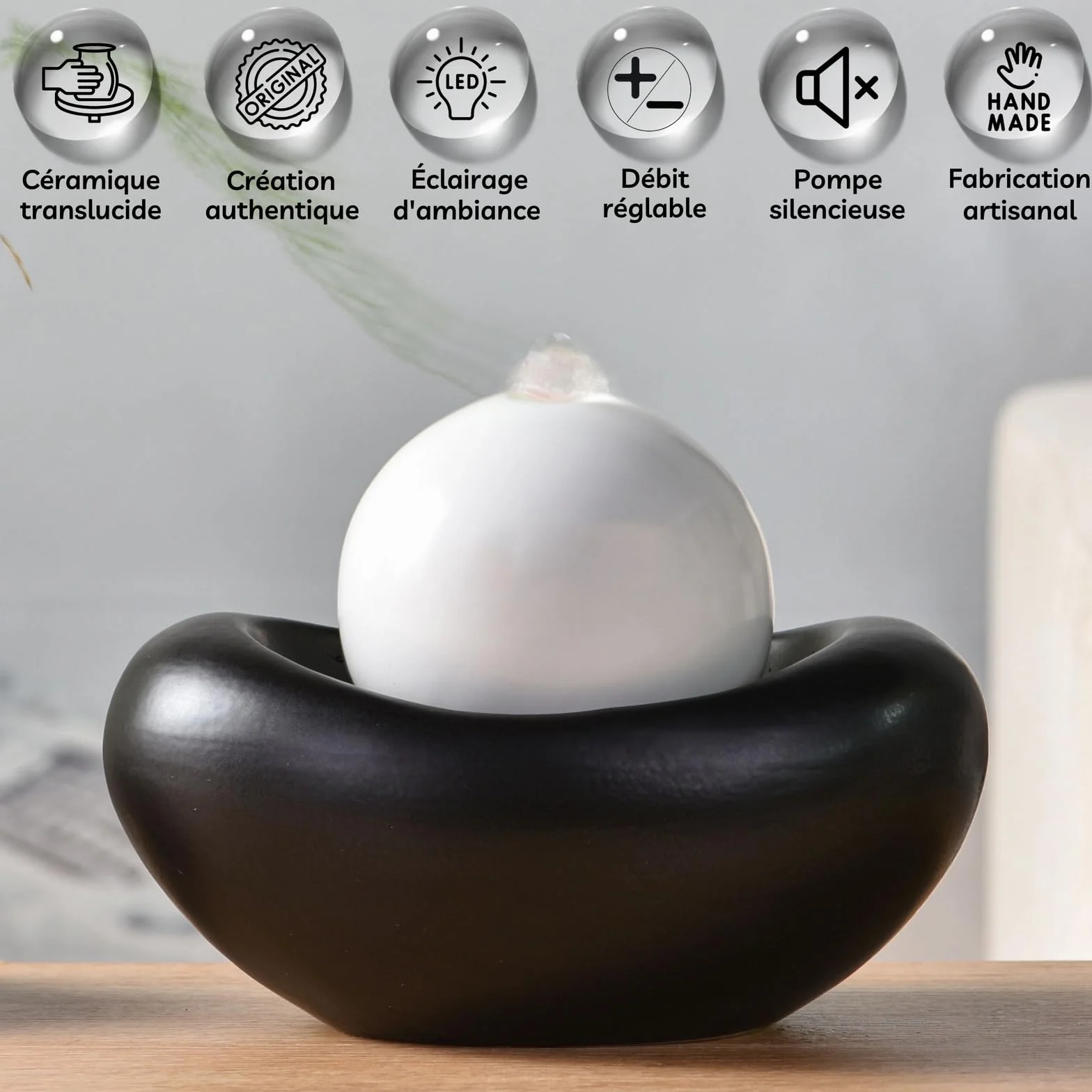 Fontanna ceramiczna do wnętrz z kolorowym światłem cicha pompa dekoracyjna stołowa 19x15x21 cm Beye Zen'Light