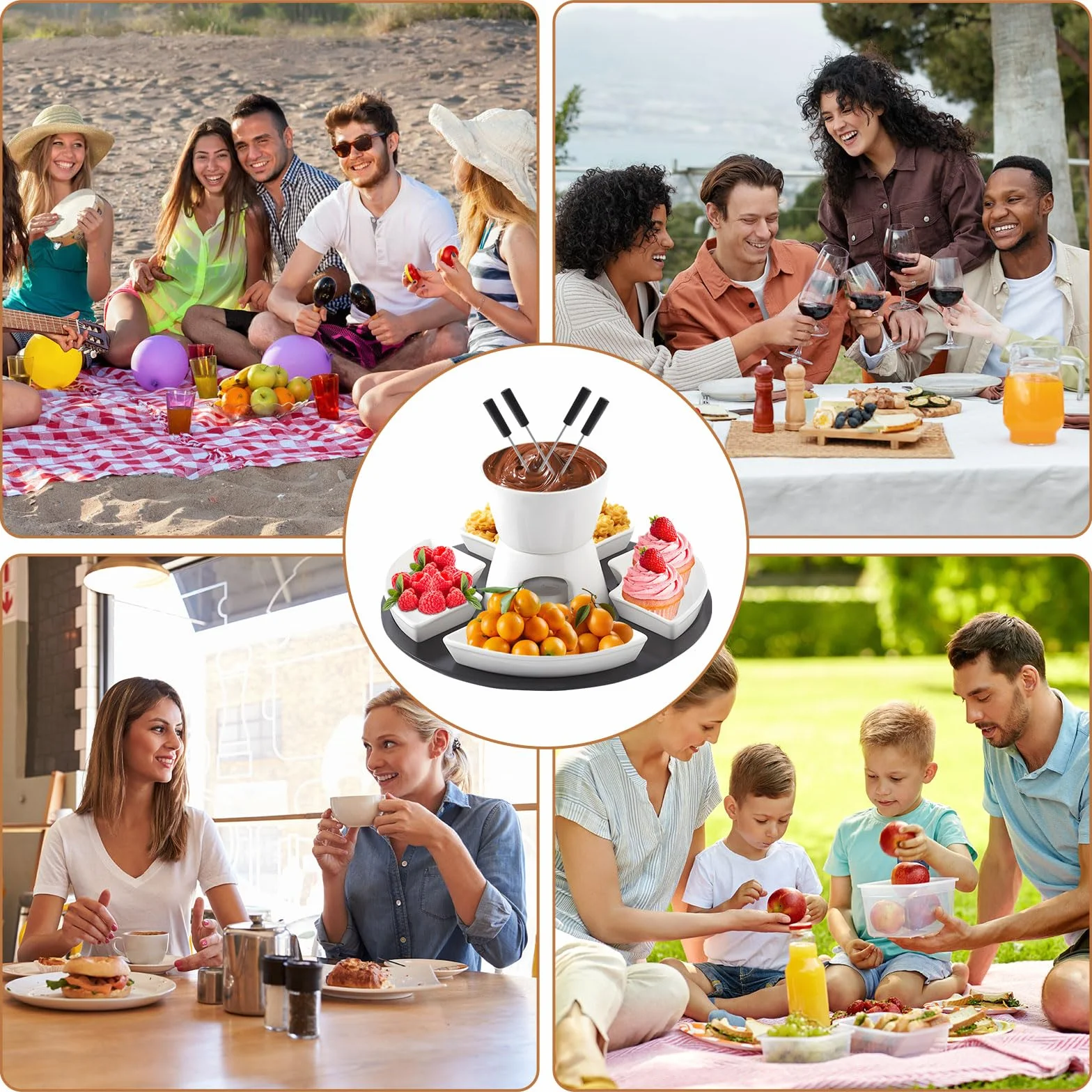 Ceramiczny zestaw do fondue czekoladowego z drewnianą paletą 4 talerze