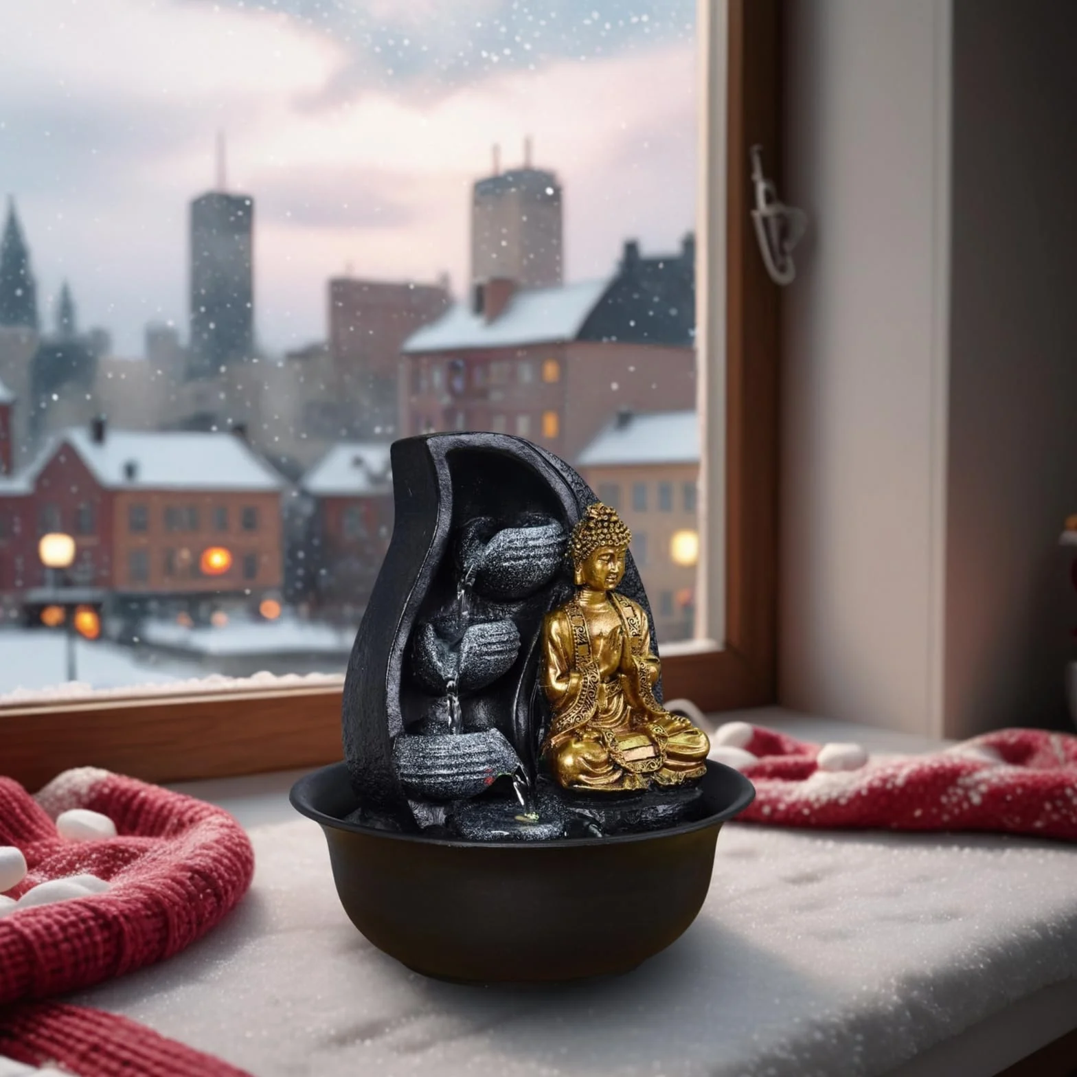 Fontanna Buddy Praya - Wyjmowana fontanna Buddy - Egzotyczna dekoracja Zen - Prezenty - Fontanna stołowa Światło LED - Obwód zamknięty - Brązowy i złoty - H 26 cm - Zen'Light