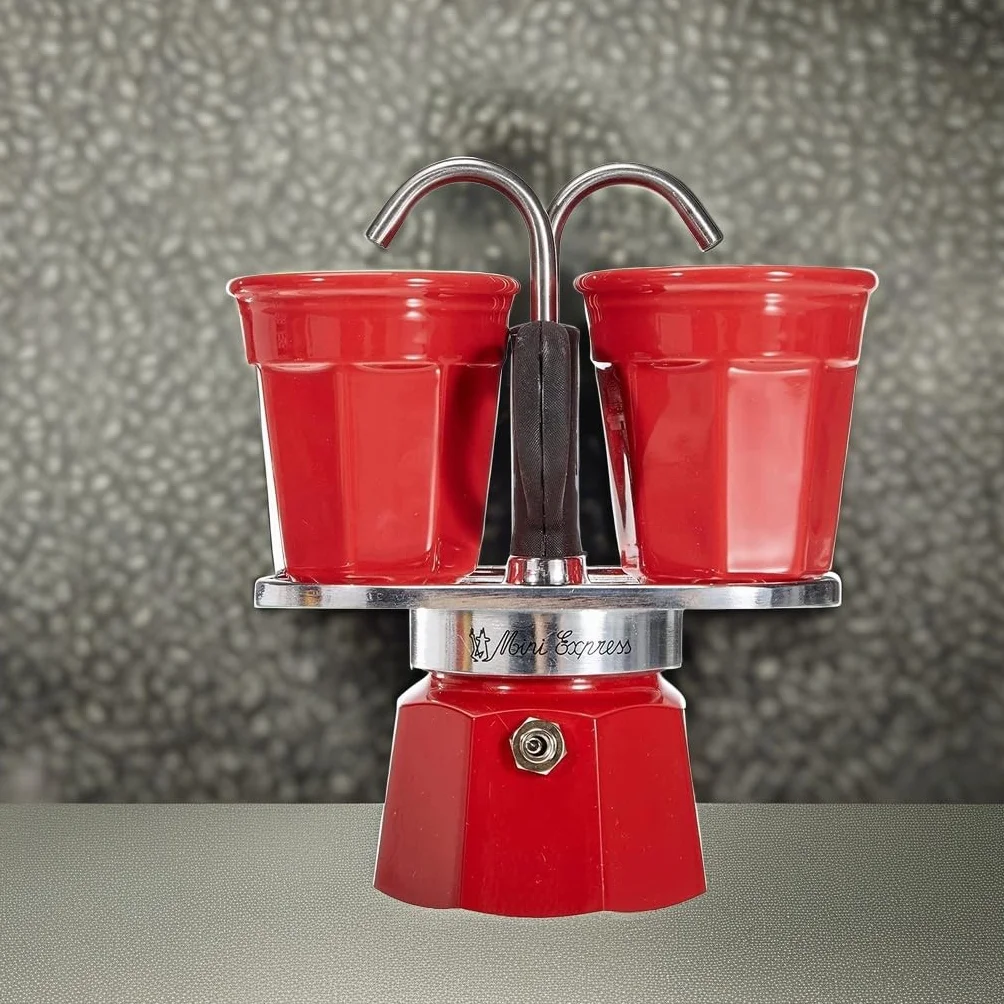 Bialetti – Mini Express Kandisky: W Zestawie Kawiarka Na 2 Filiżanki (90Ml) I 2 Szklanki, Czerwona, Aluminiowa