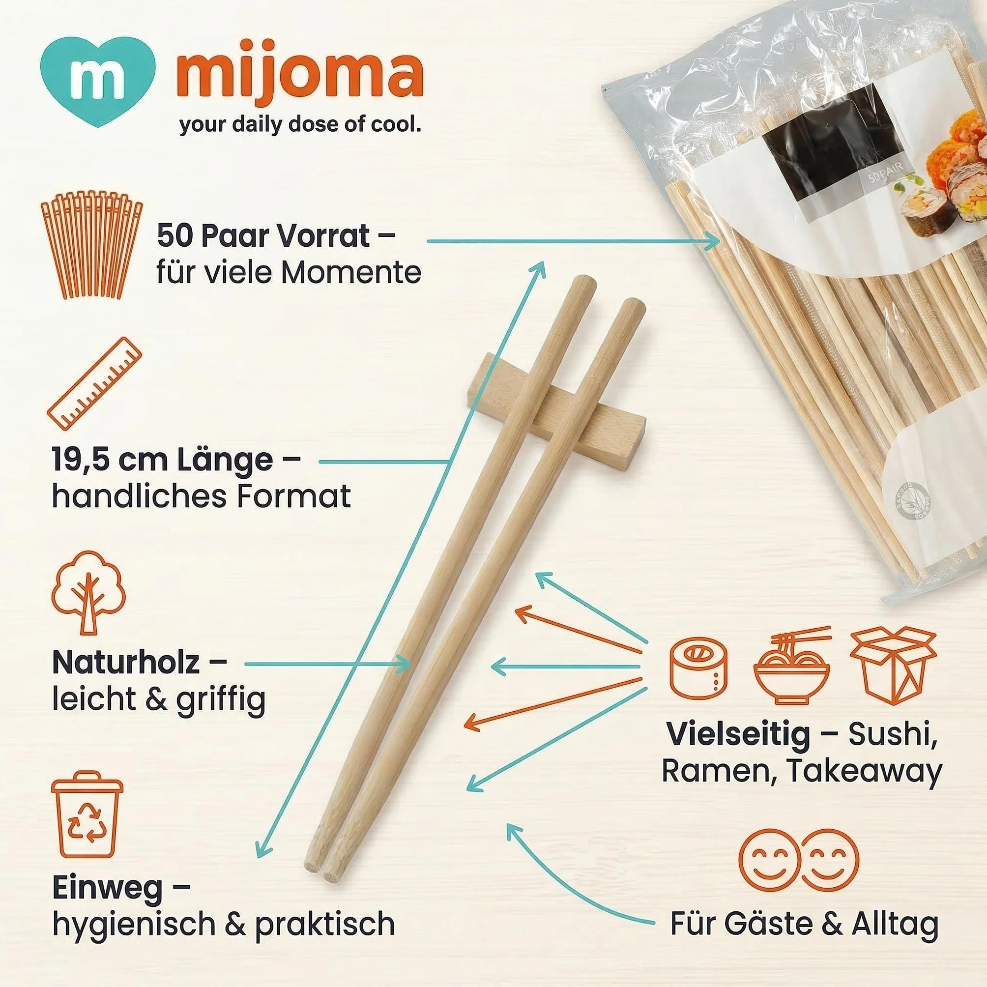 MIJOMA Pałeczki do jedzenia 50 par 19,5 cm – drewniane – do sushi, ramen i na wynos – lekkie i wygodne w użytku na co dzień i dla gości