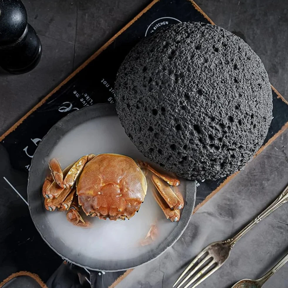 Japońska planeta kamień wulkaniczny artystyczne naczynie wahadło owoce sushi sashimi talerz na lód, 12 cm, łatwy w użyciu, czarny