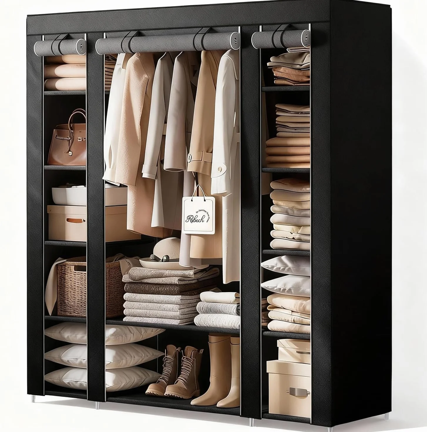 Szafa na ubrania z materiału, 45 x 150 x 175 cm, metalowa rama z ochroną przed kurzem z włókniny, drążek na ubrania, czarna, system przechowywania w sypialni