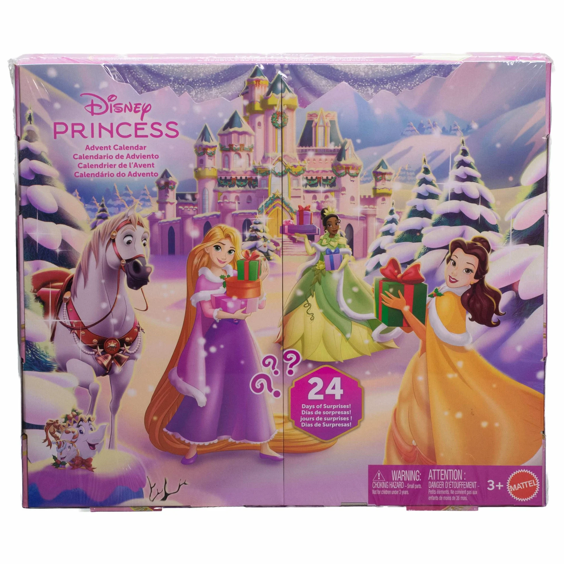 Mattel Disney Princess Kalendarz adwentowy 24 niespodzianek 3 lalki 3 figurki 22 akcesoria zestaw zabawek JFG79