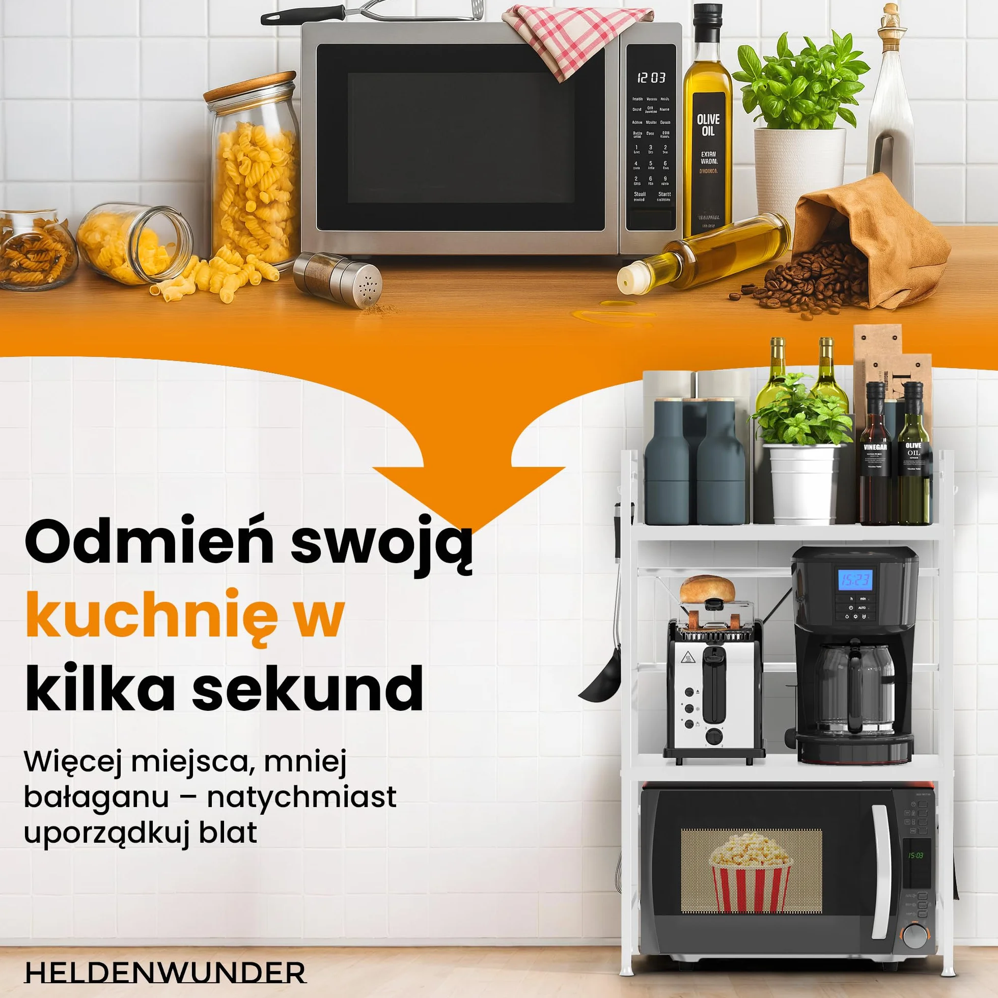 Heldenwunder Regał Mikrofala Regał Kuchenny stojący Stalowy (3-poziomowy) | Regał do Przechowywania Regał Piekarski z regulacją wysokości i długości + instrukcja wideo, haki – Biały