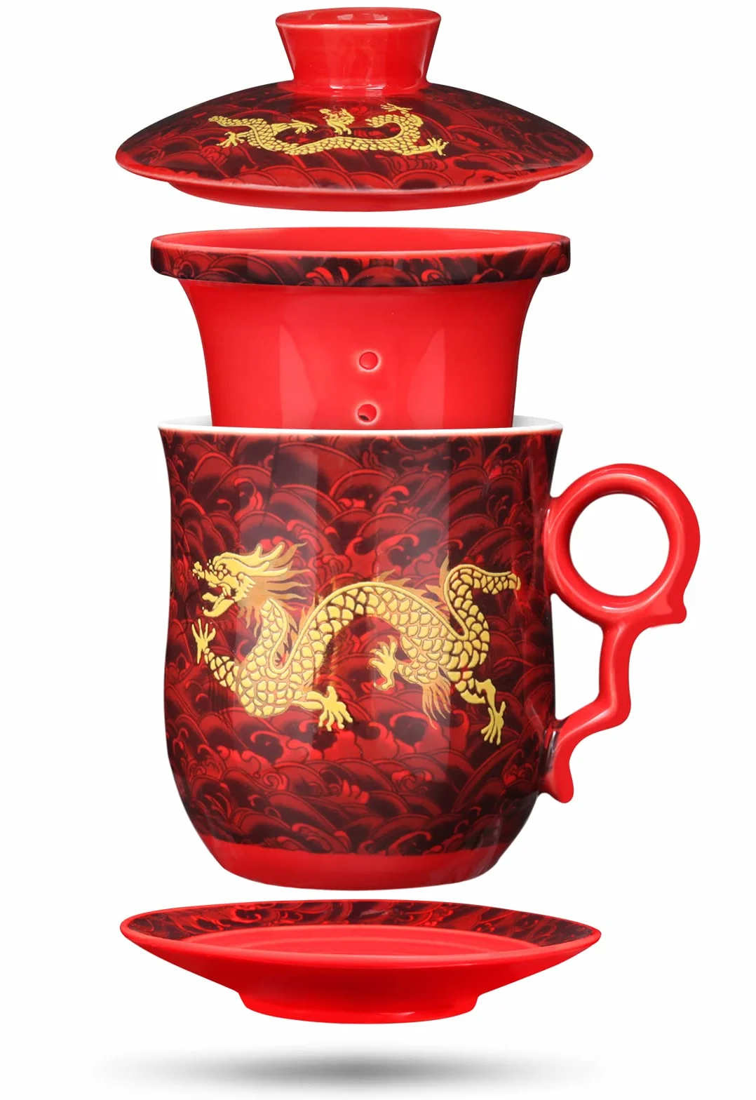 4 szt. zestaw chiński, smok, wzór, kubek do herbaty z sitkiem, pokrywką oraz spodkiem, ceramiczny kubek do herbaty, wygodny system, chiński porcelanowy osobisty kubek do herbaty, 40 ml, 4 kolory (czerwony)