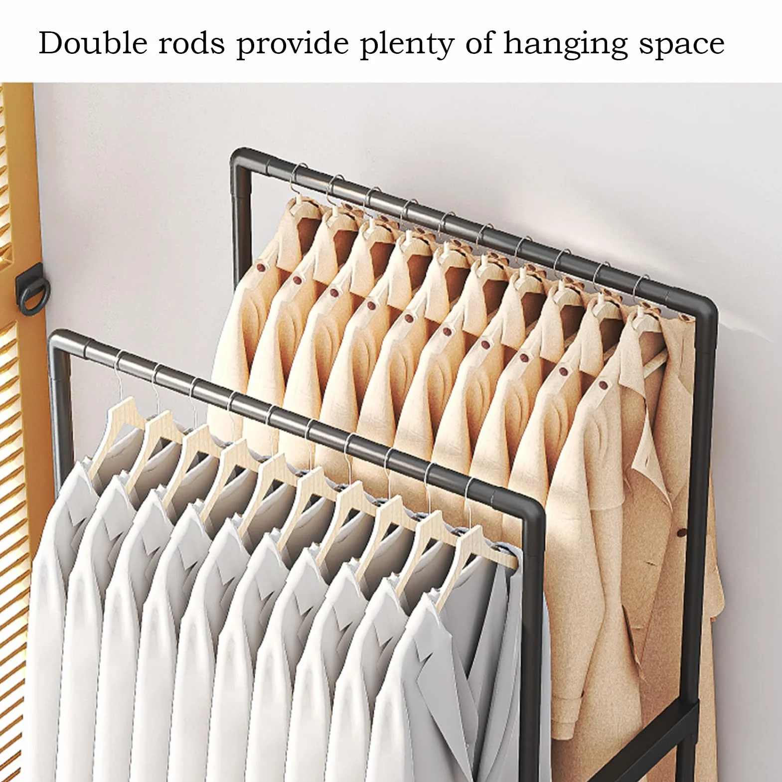 Double Rods Clothes Rack With Wheels Metal Clothing Rack For Hanging Clothes Portable Wardrobe Garment Racks For Bedroom Laundry Living Room(Black)