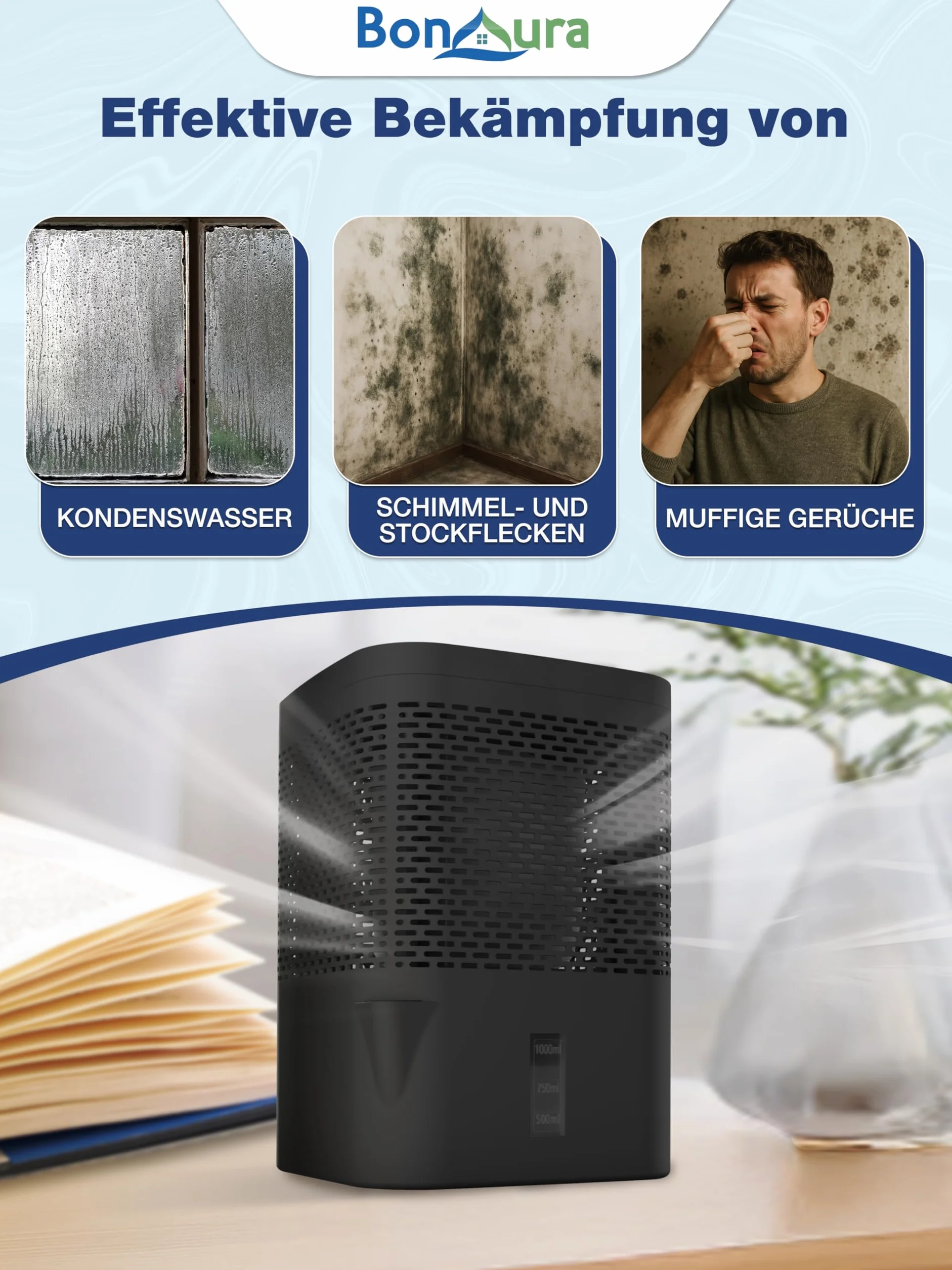BonAura Osuszacz powietrza bez prądu do 23 m² I wentylacja 360° I osuszacz powietrza z lejkiem i 5 x 680 g granulatu osuszacza powietrza I ochrona przed pleśnią i zapachami I osuszacz do pomieszczeń