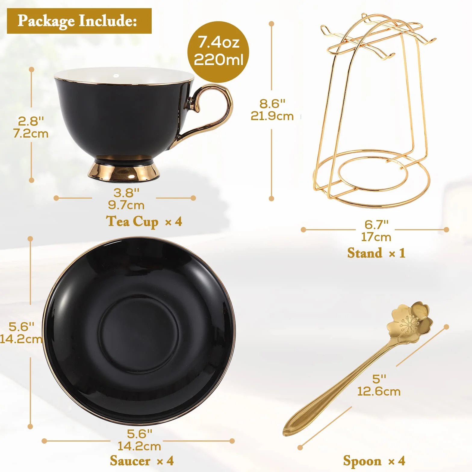 DUJUST Zestaw 4 filiżanek do herbaty i spodków (220 ml), luksusowy, do herbaty, ze złotym wykończeniem, czarne, do kawy, z metalowym stojakiem, brytyjska porcelana, na przyjęcie herbaciane, czarne