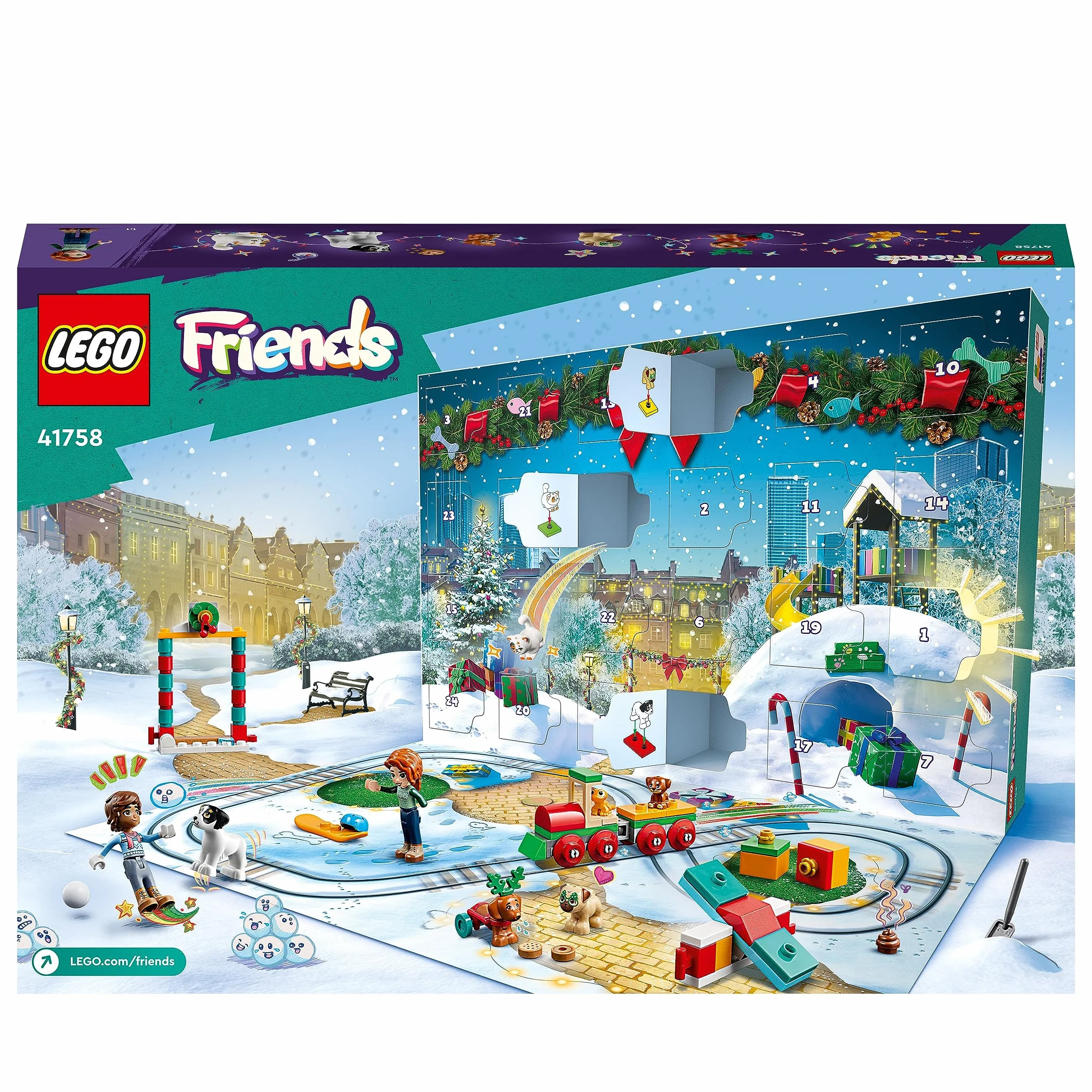 LEGO 41758 Friends Kalendarz adwentowy 2023 z 24 Niespodziankami, w tym 8 Figurek Zwierząt, 2 Minilaleczki i Świąteczne Zabawki do Zbudowania, Prezenty na Mikołajki dla Dzieci