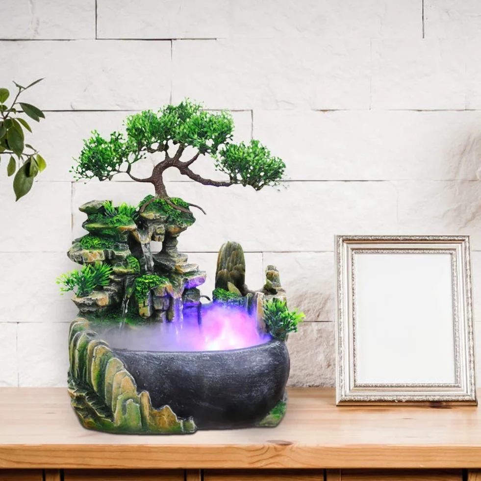 Fontanna na biurko, fontanna LED z wodospadem ze zmianą koloru, wewnętrzna fontanna na biurko do dekoracji biurka Symulacja Rockery Humidifier Decor (EU 220V)