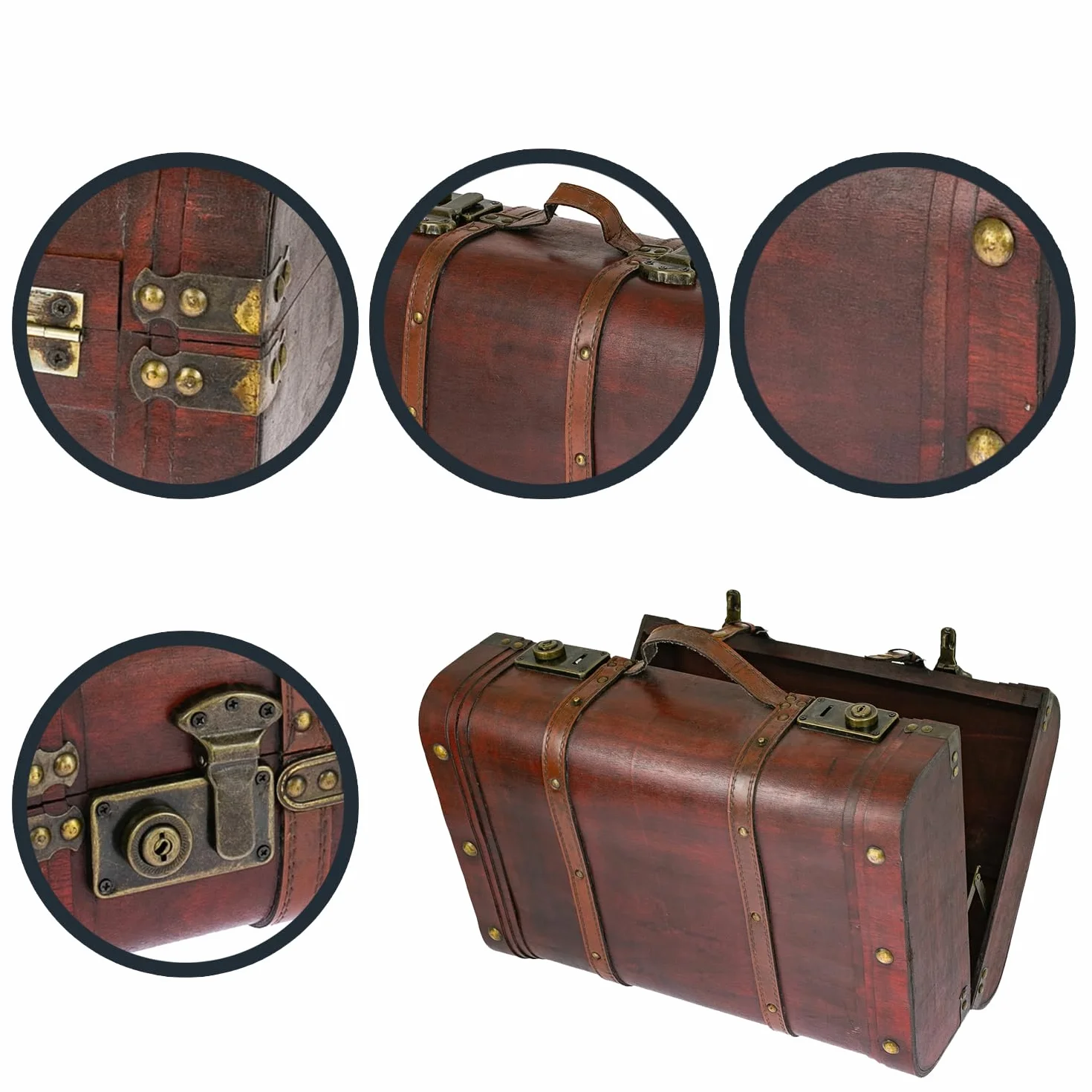 HMF 6412-145 Drewniana skrzynia na skarby, walizka w stylu vintage, duża, Peru, 45 x 30,5 x 20 cm